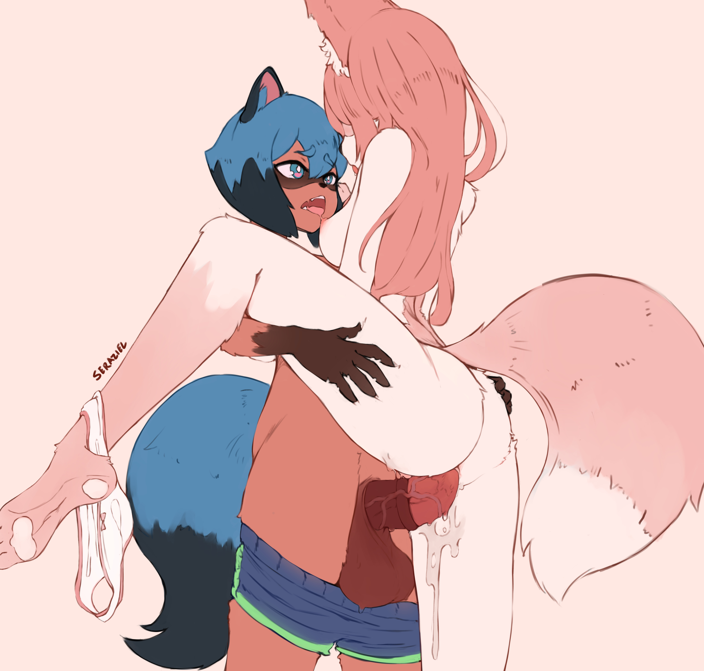 1futa, 1girls, animal genitalia, animal penis, anthro, areolae, balls, big balls, big penis, brand new animal, breasts, clothing, duo, erection, female, furry, futa on female, futanari, horsecock, intersex, michiru kagemori, nazuna hiwatashi, nipples, nude, penis, seraziel, sex, spread legs, standing, testicles