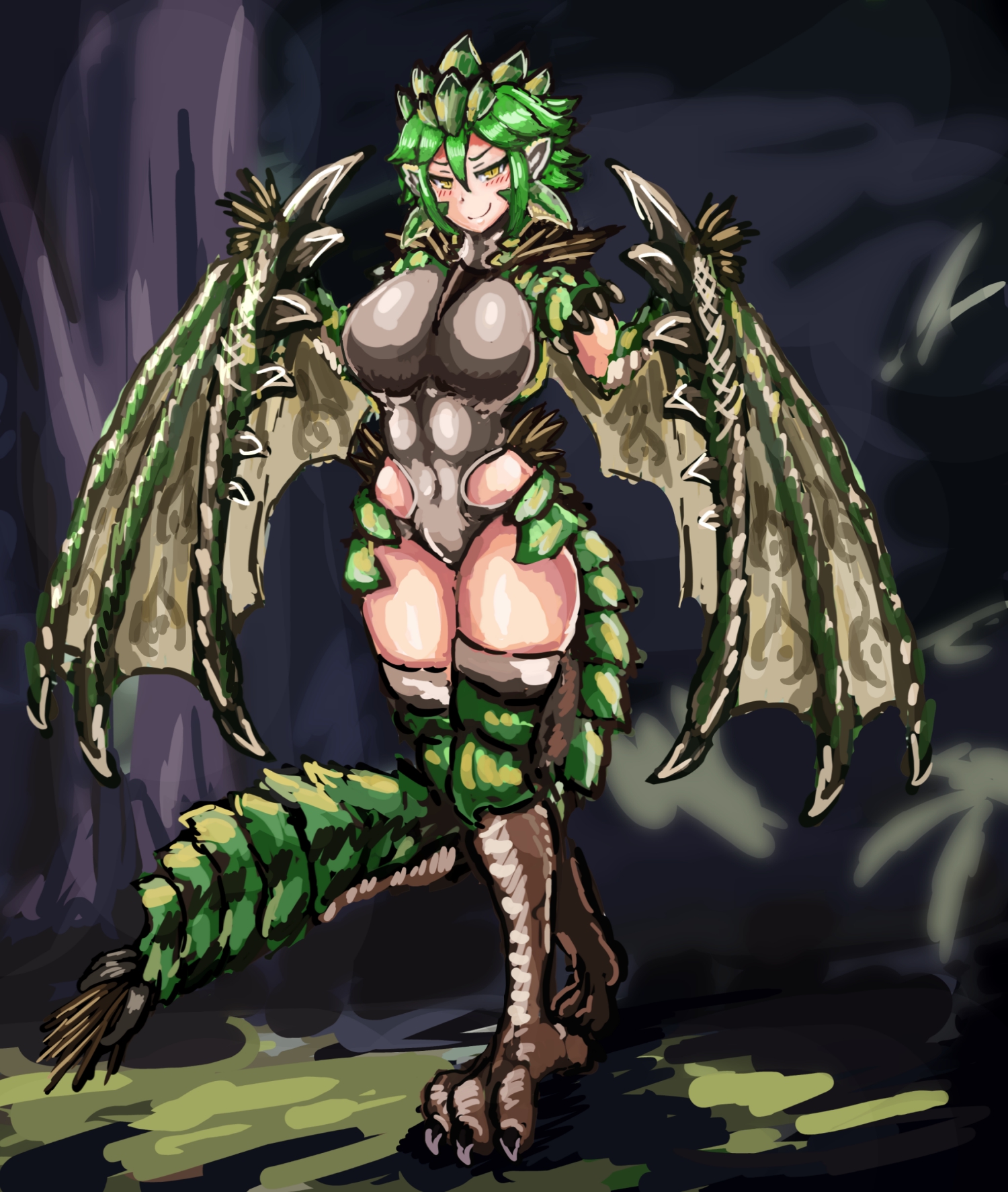 1girls, bare thighs, big breasts, breasts, capcom, dragon, dragon girl, female, gijinka, koburatuisut, monster girl, monster hunter, rathian, solo, solo female, tagme, tail, wings