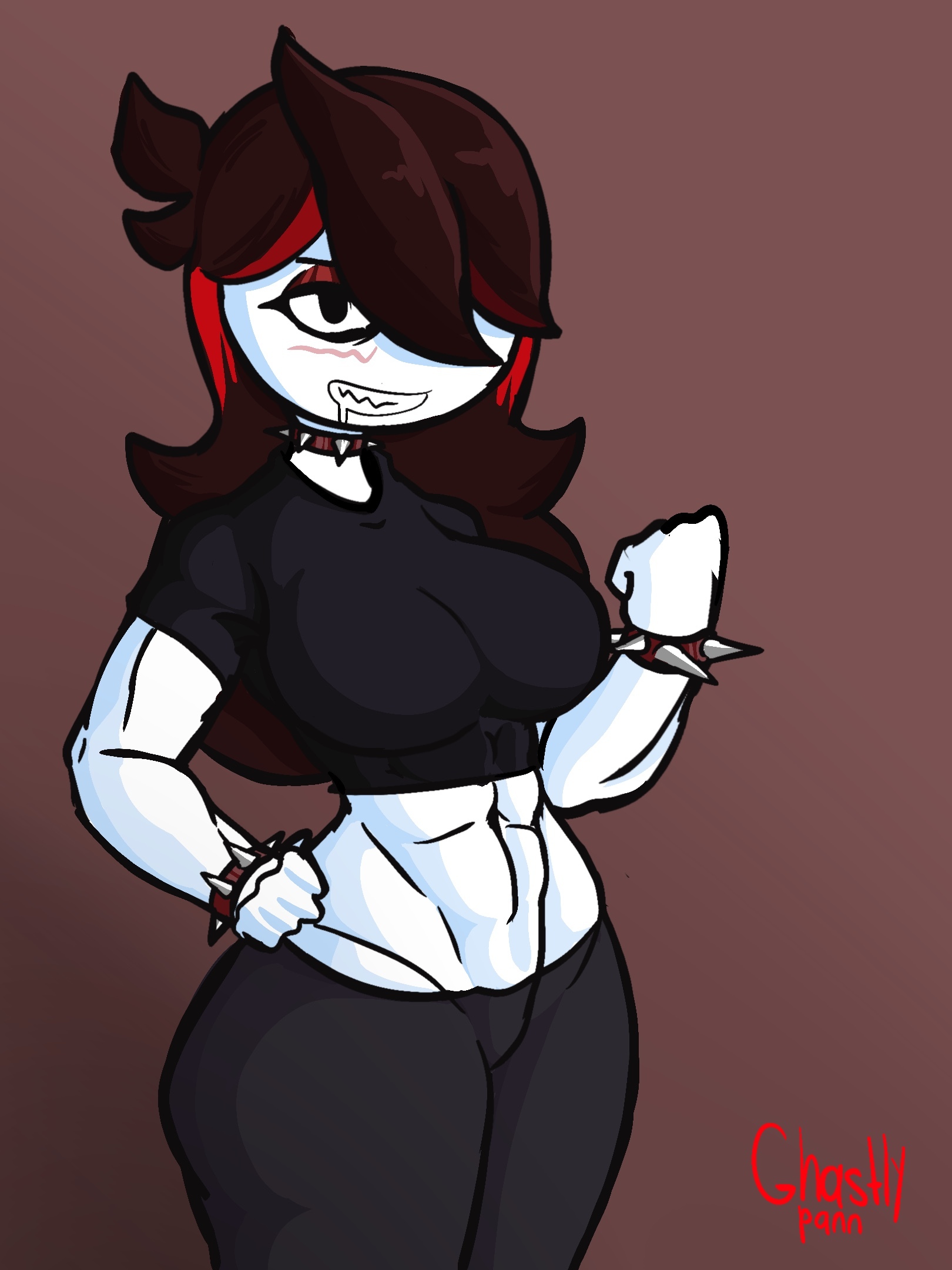 1girls, abs, alternate clothing, alternate hairstyle, brown background, brown hair, choker, clenched fist, clenched teeth, crop top, exposed stomach, eyeliner, female, fit, fit female, ghastlypann, goth, gothified, hair over one eye, hand on hip, happy, happy female, horny female, intimidation, jaiden, jaiden animations, medium hair, muscular, muscular female, red highlights, signature, spiked bracelet, spiked collar, spikes, streaked hair, tank top, tight clothing, white skin, youtube