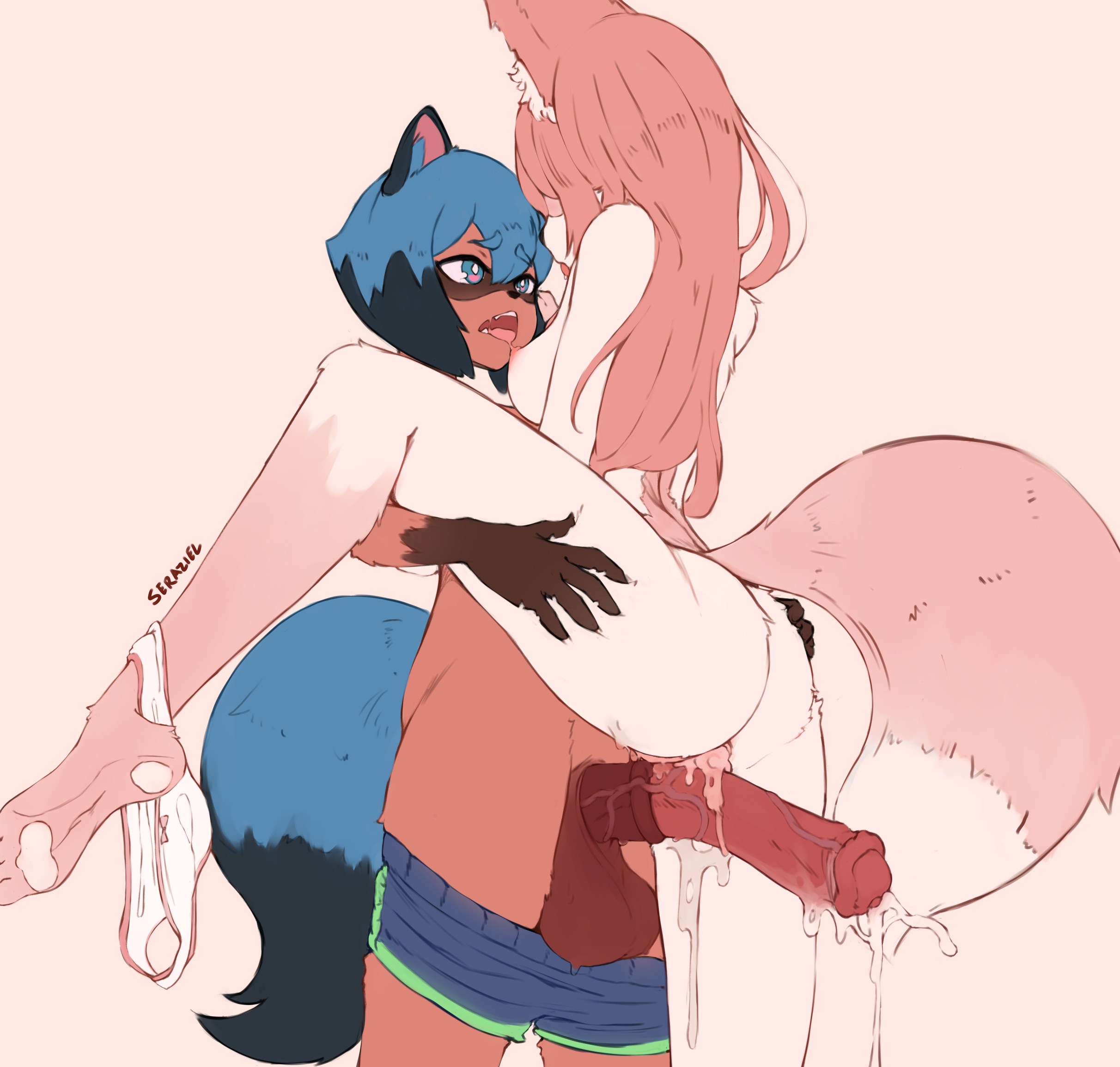 1futa, 1girls, after sex, animal genitalia, animal penis, anthro, areolae, balls, big balls, big penis, brand new animal, breasts, clothing, cum, cum in pussy, cum inside, duo, erection, female, furry, futa on female, futanari, horsecock, intersex, michiru kagemori, nazuna hiwatashi, nipples, nude, penis, pussy, seraziel, spread legs, standing, testicles