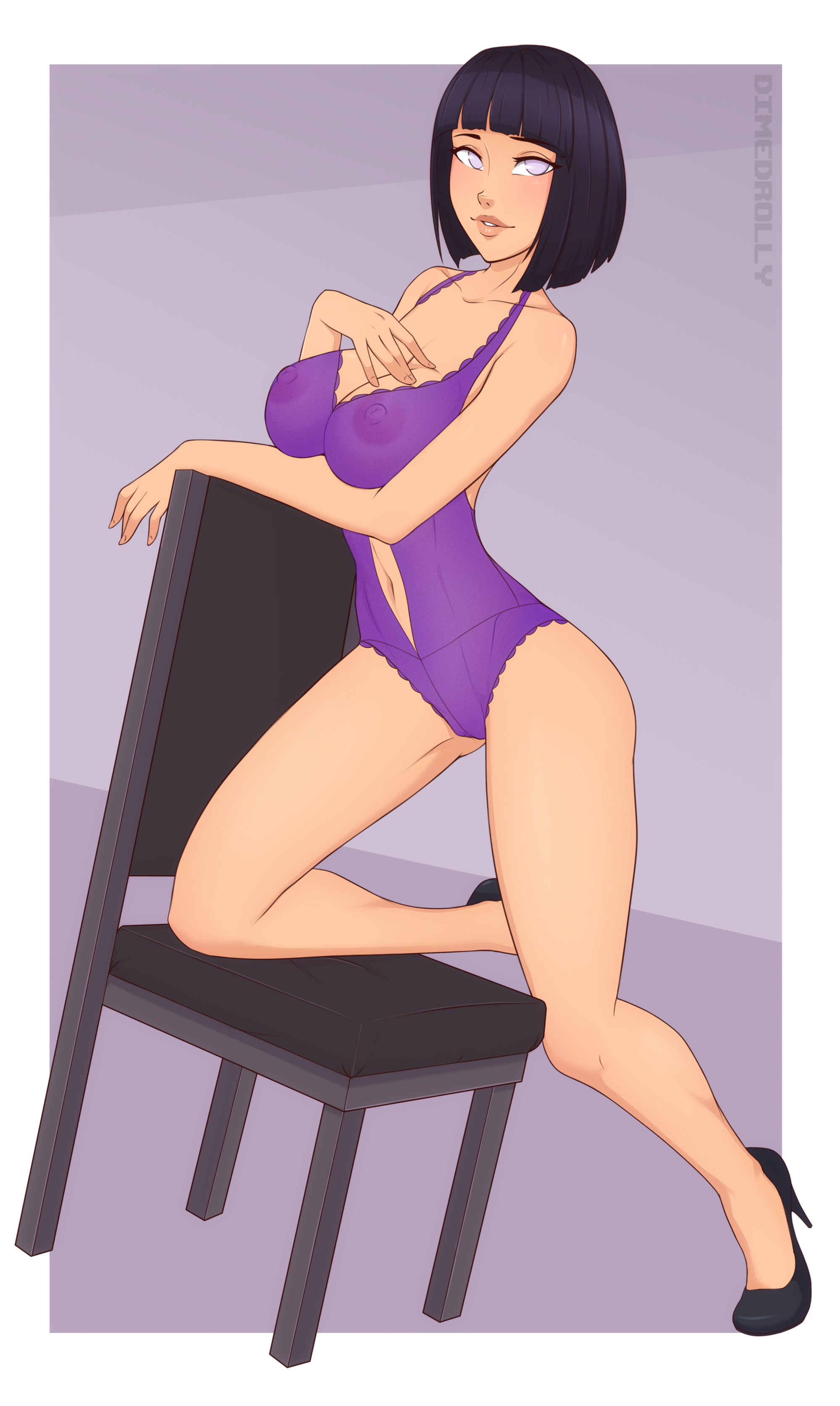 1girls, abs, areolae, bob cut, boruto: naruto next generations, breasts, dimedrolly, fair skin, fair-skinned female, female, female focus, female only, heels, high heels, hyuuga hinata, light skin, light-skinned female, looking at viewer, mature female, milf, naruto, naruto (series), nipples, nude, purple dress, purple eyes, purple hair, pussy, shounen jump, solo, solo female, solo focus, text, uzumaki hinata, visible nipples, watermark