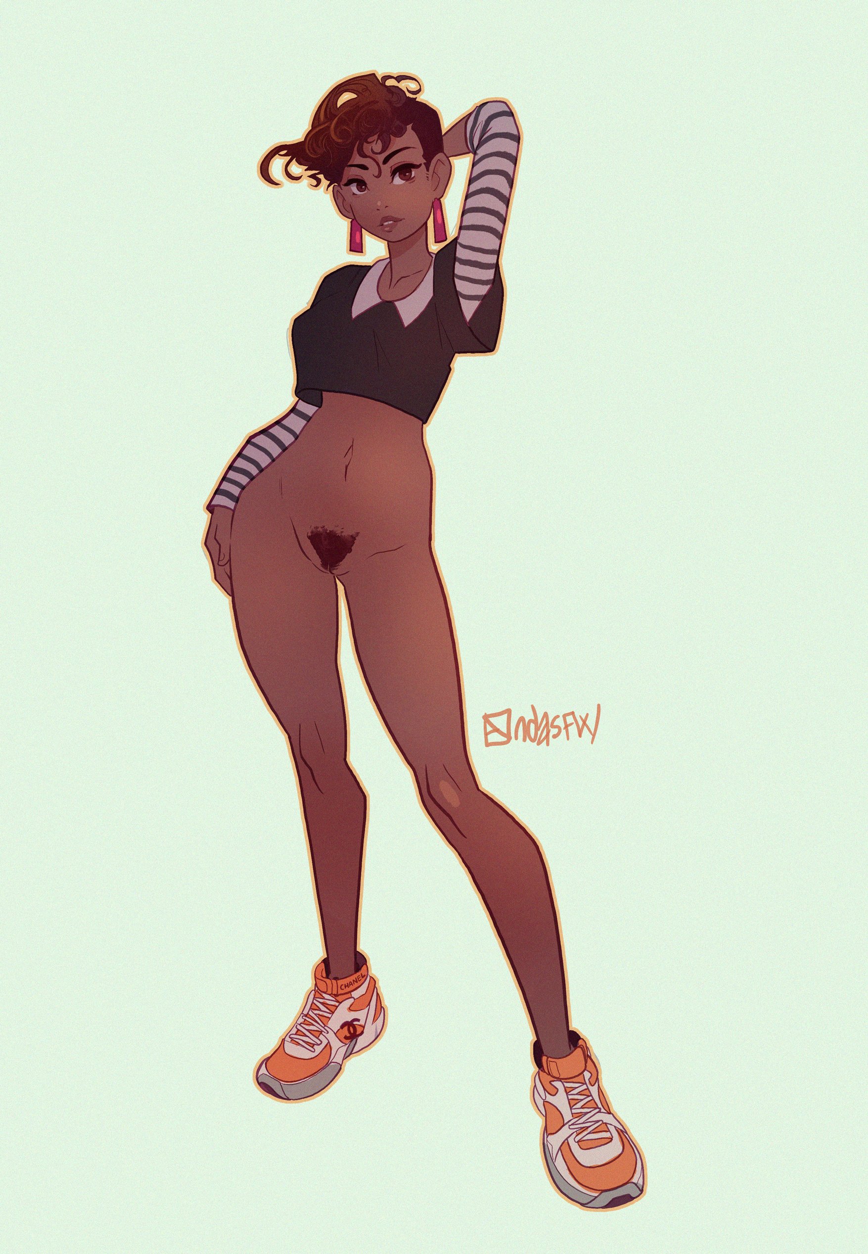 1girls, bottomless, crop top, female, full body, ndasfw, pose, pubes, short hair, simple background, sneakers, solo, standing, very short hair