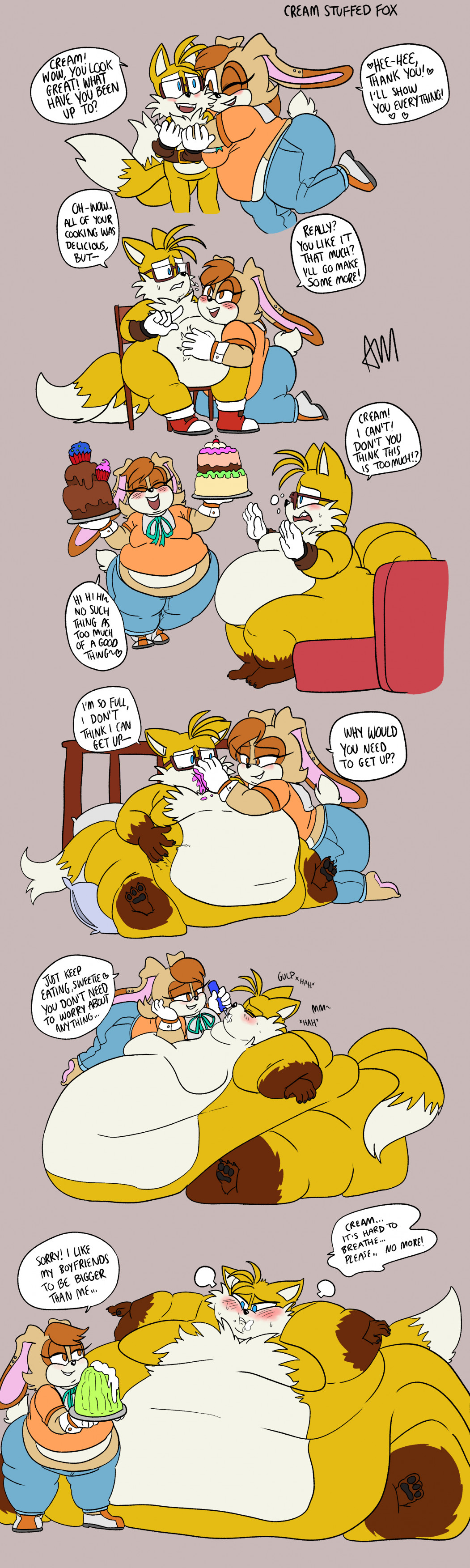 age difference, aged up, aged up character, aged up characters, alternate universe, artist signature, bed, bedroom, belly rub, belly stuffing, blob, blobby, blush, cake, cake sitting, chair, chubby female, color, commission, commission art, couch, cream the rabbit, dialogue, dialogue box, digital color, digital coloring, digital media (artwork), dominant feeder, dominant female, dominated male, domination, earrings, fat fetish, fat male, feedee, feeder, feederism, female, filleduphog, force fed, force feed, force feeding, forced, forcefed, gain, gaining weight, gulp, gulp (sound effect), gulping, helpless feedee, immobile, immobilization, immobilized, immobilizing anatomy, male, male victim, male weight gain, miles tails prower, overweight female, plump, reunion, reunited, sega, skinny, sonic (series), sonic the hedgehog (series), stuffing, tails, tails the fox, victim, weight, weight difference, weight gain, weight gain sequence, wg