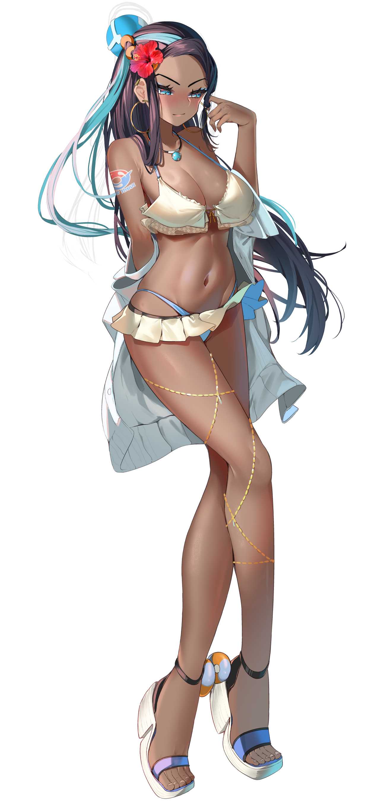 1girls, absurdres, arm behind back, arm tattoo, bare shoulders, big breasts, bikini, bikini skirt, black hair, blue bikini, blue eyes, blue hair, blush, breasts, chains, cleavage, closed mouth, collarbone, dark skin, dark-skinned female, earrings, eyeshadow, female, female only, flower, gold chain, hair bun, hair flower, hair ornament, high heel sandals, high heels, highres, hoop earrings, jacket, jewelry, light smile, long hair, looking at viewer, makeup, momdy (talesshinja), multicolored hair, navel, necklace, nessa (pokemon), nintendo, open clothes, open jacket, open toe footwear, open toe heels, open toe shoes, platform sandals, pokemon, pokemon ss, pokemon swsh, sandals, simple background, single hair bun, smile, solo, stomach, swimsuit, tattoo, two-tone hair, wedge heels, white background, white bikini, white jacket