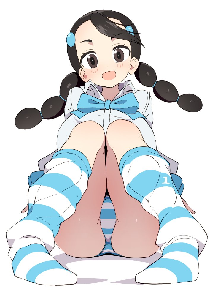 1girls, 2021, black hair, breasts, brown eyes, candice (pokemon), clothed, clothed female, female, female focus, female only, flashing panties, gym leader, huge breasts, legs up, long hair, long socks, looking at viewer, nintendo, panties, pantyshot, pokemon, pokemon dppt, shimapan, simple background, smile, socks, striped panties, striped socks, tottotonero