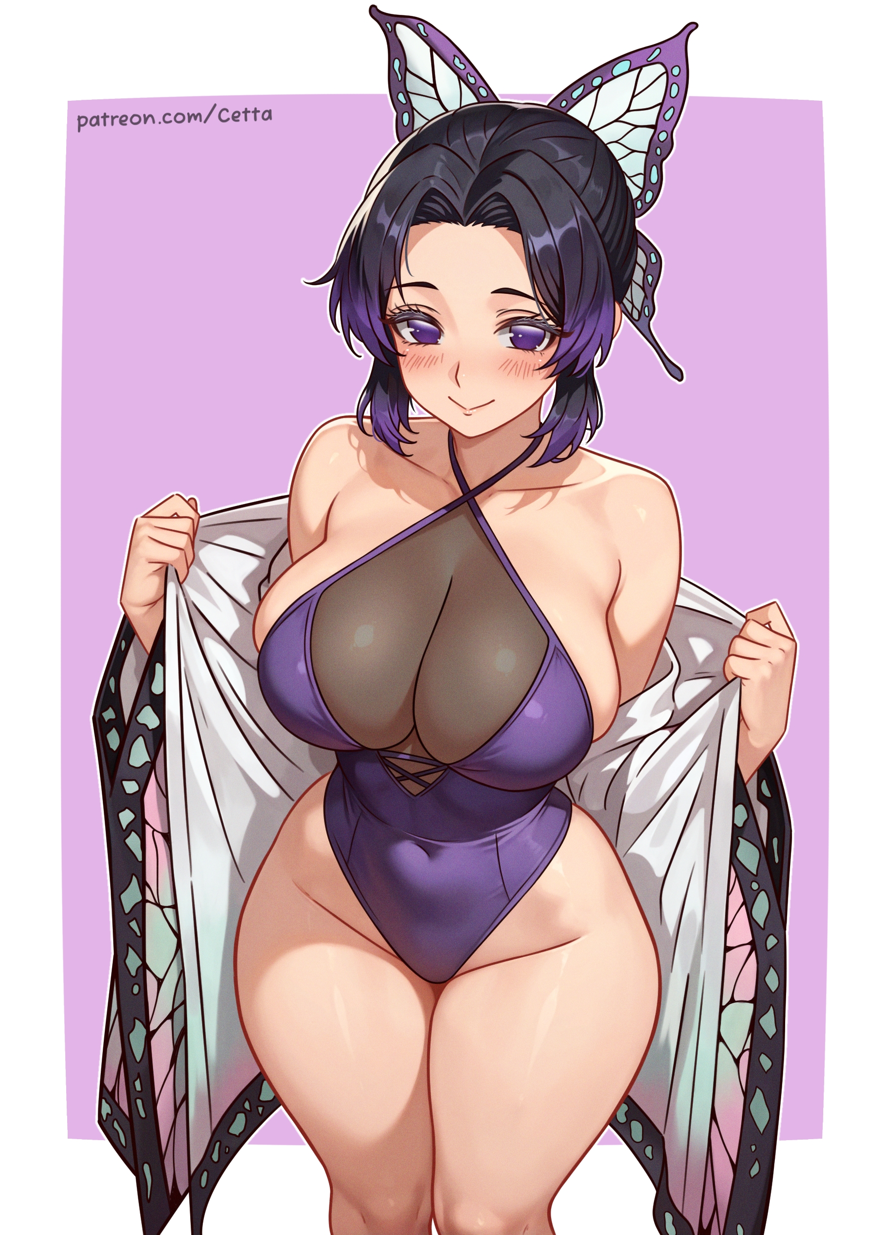 1girls, alternate version available, big breasts, black hair, breasts, cetta (cettadvd), cleavage, demon slayer, female, female only, hair, hair ornament, hips, huge breasts, kimetsu no yaiba, kochou shinobu, open robe, purple eyes, purple hair, purple highlights, purple swimsuit, purple-haired female, robe, smile, solo, solo female, swimsuit, swimwear, thick thighs, thighs, white robe, wide hips