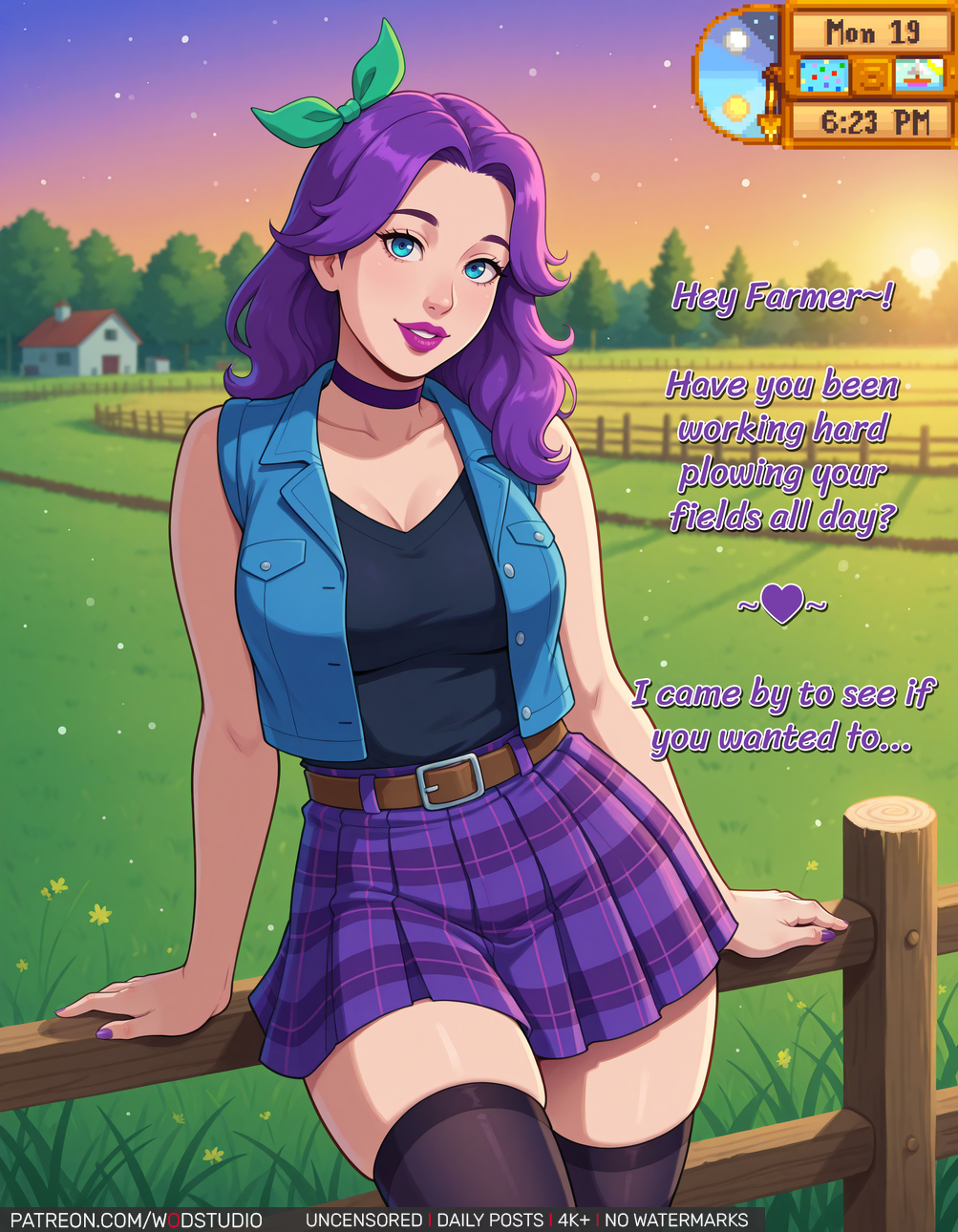 abigail (stardew valley), ai generated, arm support, bangs, bare arms, bare shoulders, belt, belt buckle, black choker, black legwear, black shirt, black thighhighs, blue eyes, blue skirt, bow, breasts, brown belt, buckle, choker, clavicle, cleavage, clothing, cloud, day, english language, english text, female, female only, fence, flower, grass, green bow, green ribbons, hair ornament, hair ribbon, high resolution, jewelry, large breasts, legwear, lips, lipstick, long hair, looking at viewer, makeup, miniskirt, open clothes, open vest, outdoors, parted bangs, parted lips, plaid, plaid skirt, pleated skirt, pocket, purple choker, purple hair, purple lips, purple nails, purple skirt, ribbon, shirt, shirt tucked in, sitting, skindentation, skirt, sky, sleeveless, sleeveless shirt, smile, solo, star (sky), stardew valley, sunset, teeth, text, thighhighs, thighs, tree, vest, wodstudio, wooden fence, zettai ryouiki