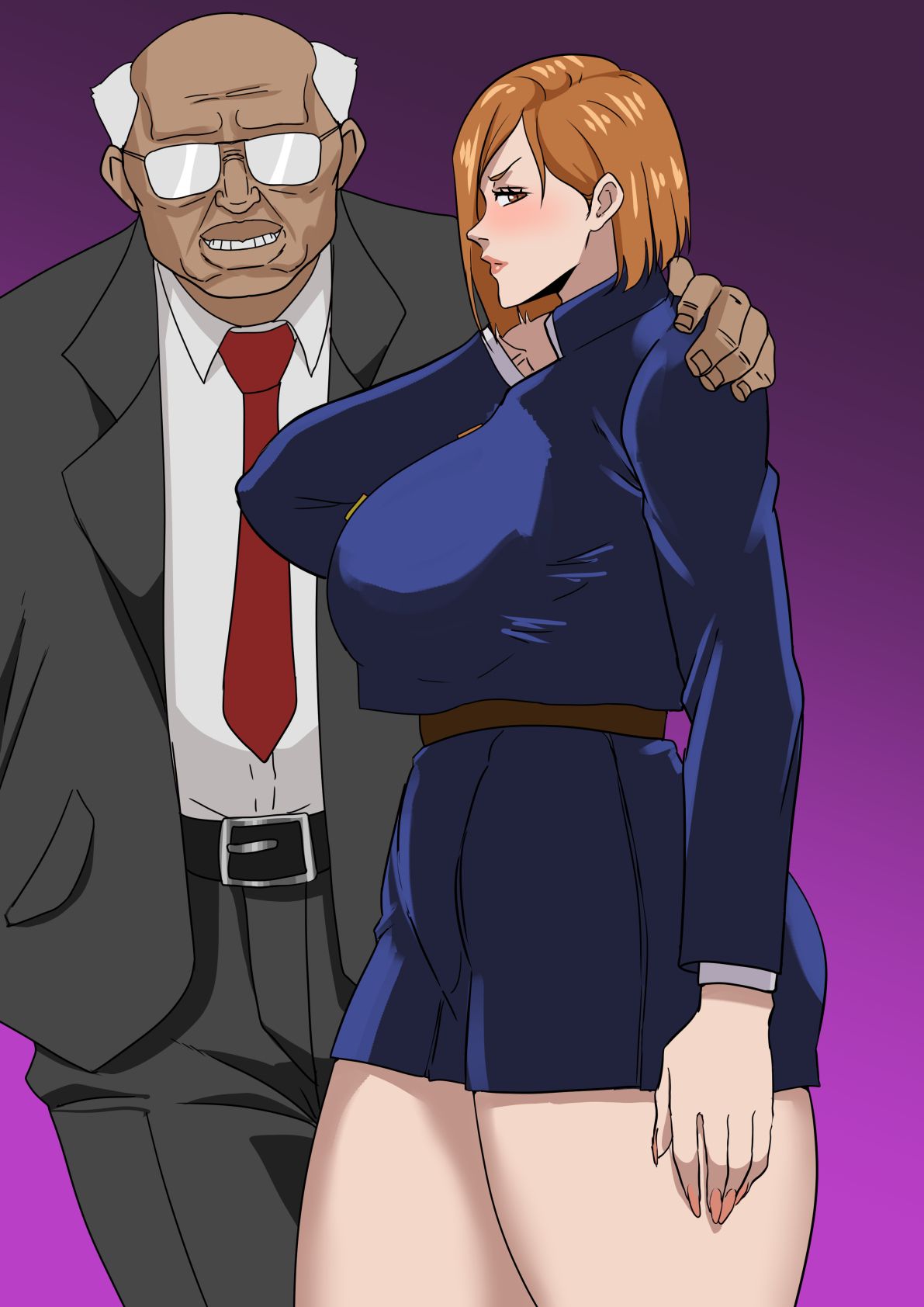1boy, 1girls, age difference, big breasts, blush, breasts, brown eyes, brown hair, cyberboi, eye contact, fat male, female, full body, huge breasts, jujutsu kaisen, kugisaki nobara, large breasts, looking at viewer, male, old male, older male, older male and younger female, standing, teenage female, teenager, thick thighs, tight clothing, ugly, ugly bastard, younger female