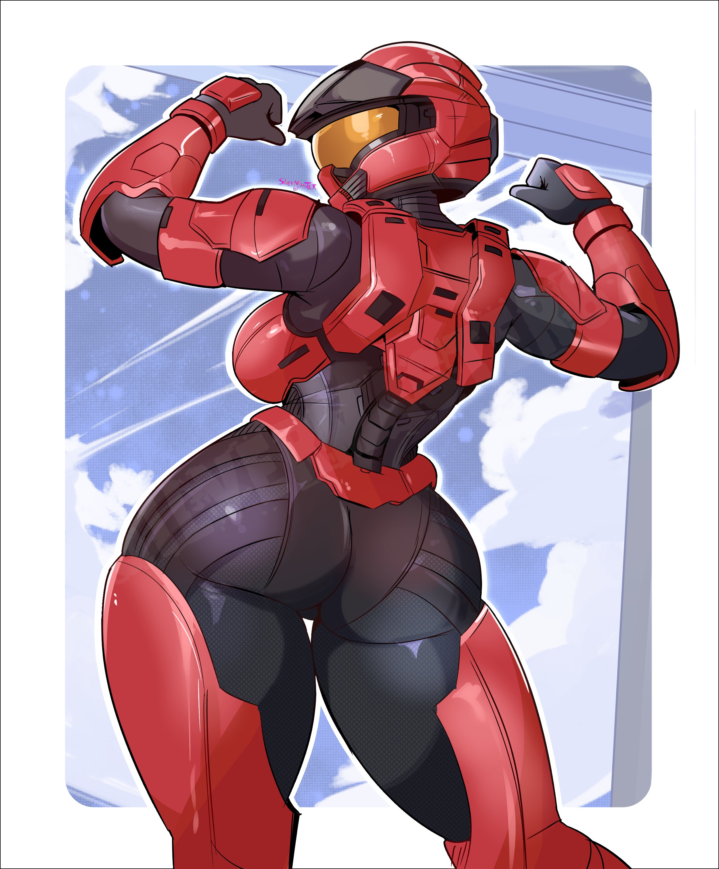 1girls, 2025, 2d, 2d (artwork), armor, armored female, artist name, athletic, athletic female, back view, boobs and butt pose, booty, breasts, clothed, clothed female, clouds, female, female focus, female only, female spartan (halo), flexing, fortnite, halo (series), helmet, large ass, large breasts, power armor, questionable, realistic proportions, sfw, silvermaster67, sky, solo, solo female, spartan (halo), thigh gap, tomboy, unsc marine, unsc marine (fortnite), voluptuous female