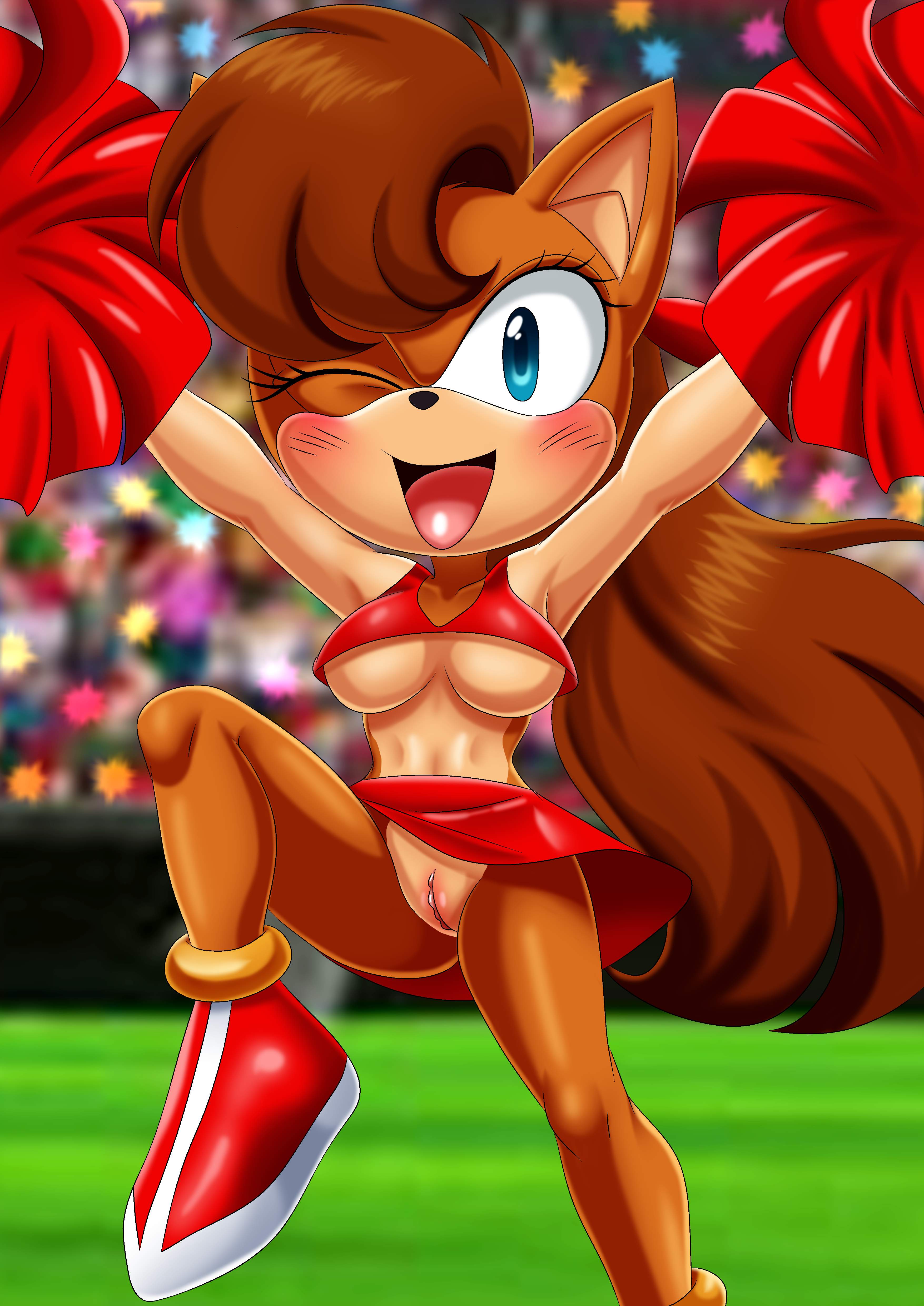 2d, anthro, bbmbbf, blue eyes, blush, breasts, brown hair, cheerleader, cheerleader uniform, clothing, color, felid, feline, felis, female, female only, furry, jpeg, manx, manx cat, mobius unleashed, no panties, one eye closed, open mouth, palcomix, pussy, sega, shoes, skirt, sonic (series), sonic x-treme, tiara boobowski, underboob, upskirt, wardrobe malfunction