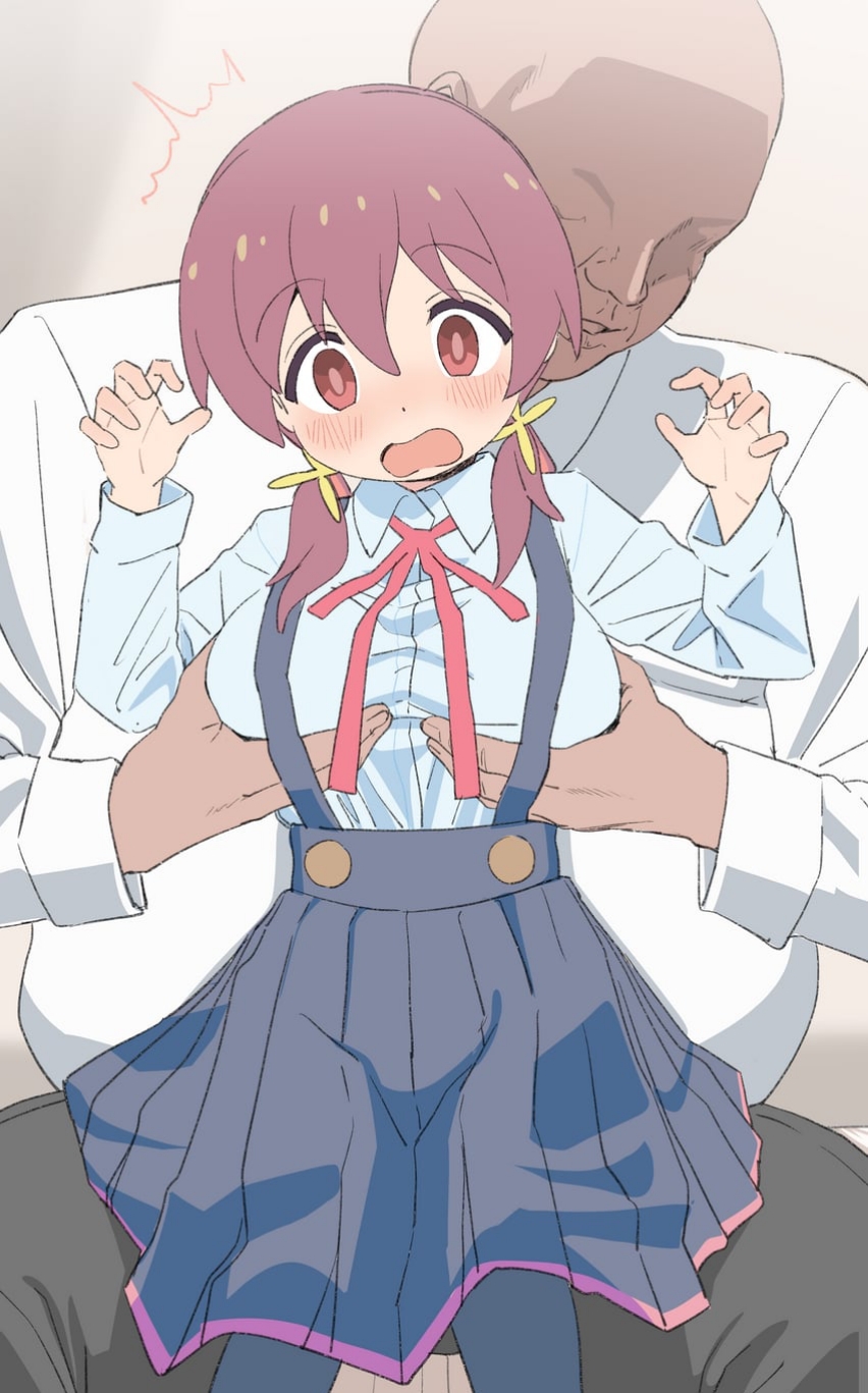 1boy, 1girls, adult and teenager, age difference, bangs, blush, breast grab, breasts, clothed, clothing, dark-skinned male, dominant, dominant male, domination, eyebrows visible through hair, eyes, faceless male, female, female human, femsub, grabbing, grabbing from behind, grope, groping, groping breasts, groping from behind, hair, hair between eyes, hair ornament, high resolution, highres, human, human male, larger male, light skin, light-skinned female, long sleeves, male, maledom, mature male, medium breasts, medium hair, murosaki miyo, necktie, nervous, nervous expression, nervous face, nervous female, older male, older male and younger female, onii-chan wa oshimai!, open mouth, rape, red eyes, red hair, short twintails, sincos, size difference, skirt, smaller female, straight, suspenders, teenage female, teenager, thighhighs, twintails, white shirt, young, young female, young girl, younger female, younger female older female