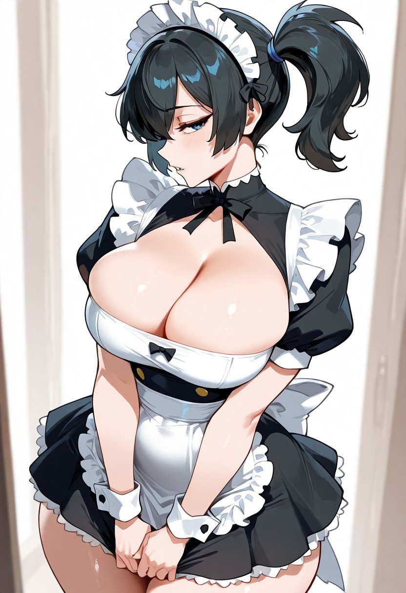 ai generated, alternative costume, apron, ass, asymmetrical hair, black dress, black hair, black ribbon, blue eyes, blush, bow, breasts, cleavage, cleavage cutout, clothing, clothing cutout, dress, dress tug, enmaided, female, frilled apron, frilled dress, frills, headdress, headwear, huge ass, huge breasts, kasumi (pokemon), large ass, large breasts, looking at viewer, maid, maid apron, maid headdress, misty (the electric tale of pikachu), neck ribbon, parted lips, pokemon, pokemon character, ponytail, puffy short sleeves, puffy sleeves, ribbon, short dress, short hair, short sleeves, side ponytail, solo, standing, the electric tale of pikachu, thick ass, thick thighs, thighs, tied hair, uniform, waist apron, white apron, wide hips, wrist cuffs