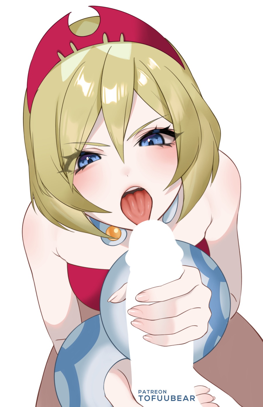 1boy, 1girls, 2022, artist signature, blonde hair, blue eyes, blush, bracelet, bracelets, breasts, censored, censored penis, fellatio, female, female focus, fingernails, hair ornament, handjob, irida (pokemon), kneeling, large penis, light censor, male, necklace, nintendo, open mouth, oral, penis, penis in front of face, petite, pokemon, pokemon legends: arceus, short hair, simple background, small breasts, tofuubear, tongue, tongue out