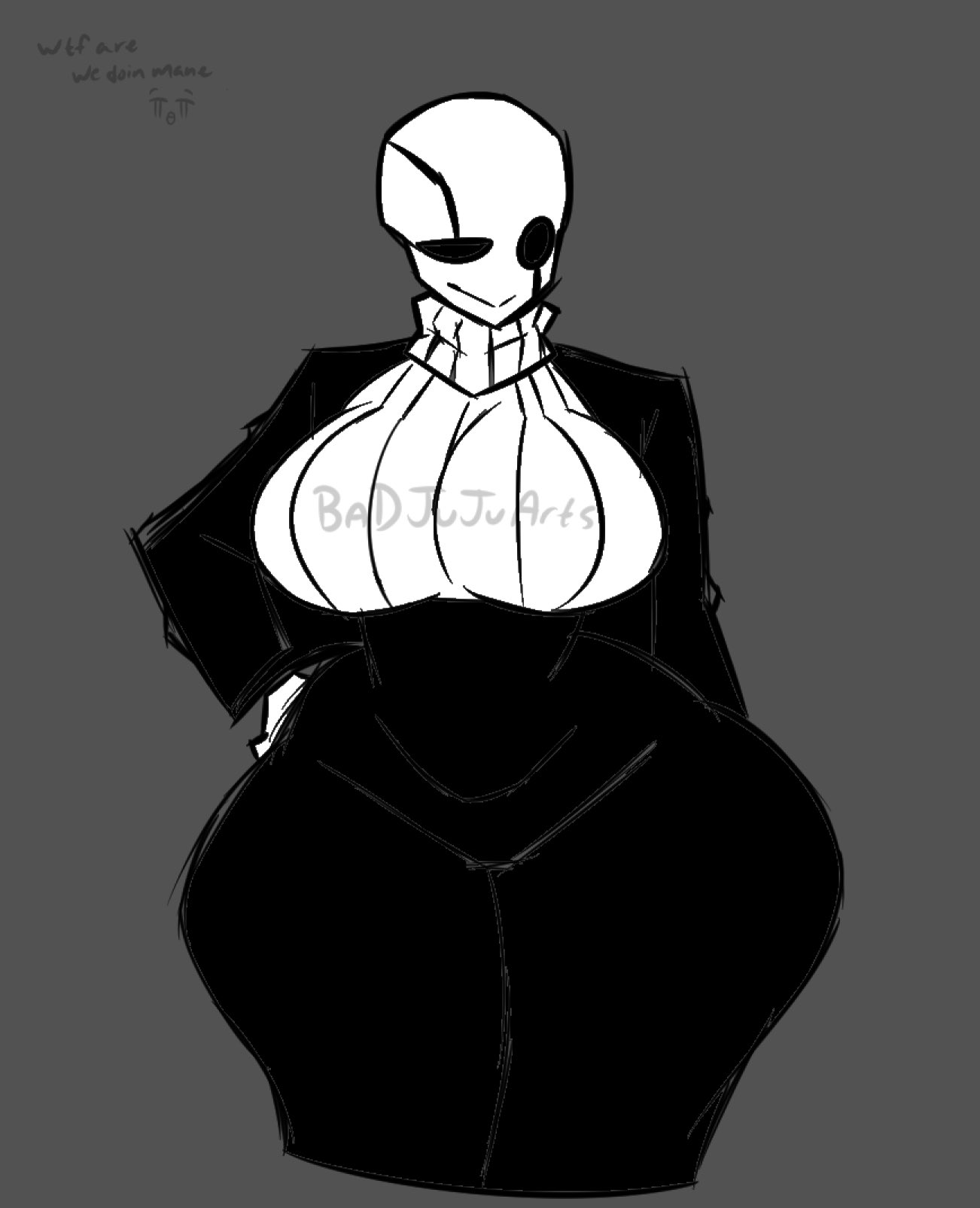 2d, 2d (artwork), badjujuarts, black dress, breasts, fem gaster, female, gaster, monochrome, rule 63, solo, solo female, tagme, thick thighs, turtleneck, turtleneck sweater, undertale, undertale (series), white sweater