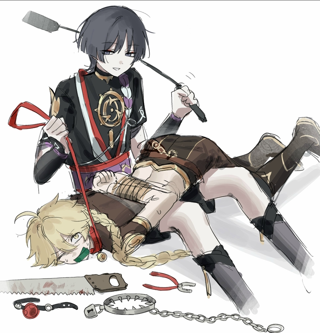 2boys, aether (genshin impact), blonde hair, bondage, choker, dark hair, dominant, dominant male, domination, genshin impact, hardcore, male, male only, scaramouche (genshin impact), submissive, submissive male, teasing