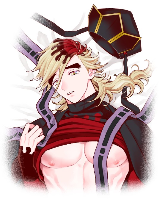 blonde_hair demon_slayer douma japanese_clothes kimetsu_no_yaiba kureten long_hair_male long_sleeves looking_at_viewer male male_only multicolored_hair muscular_male on_back pecs rainbow_eyes shirt_up solo spiky_hair thick_eyebrows turtleneck upper_body