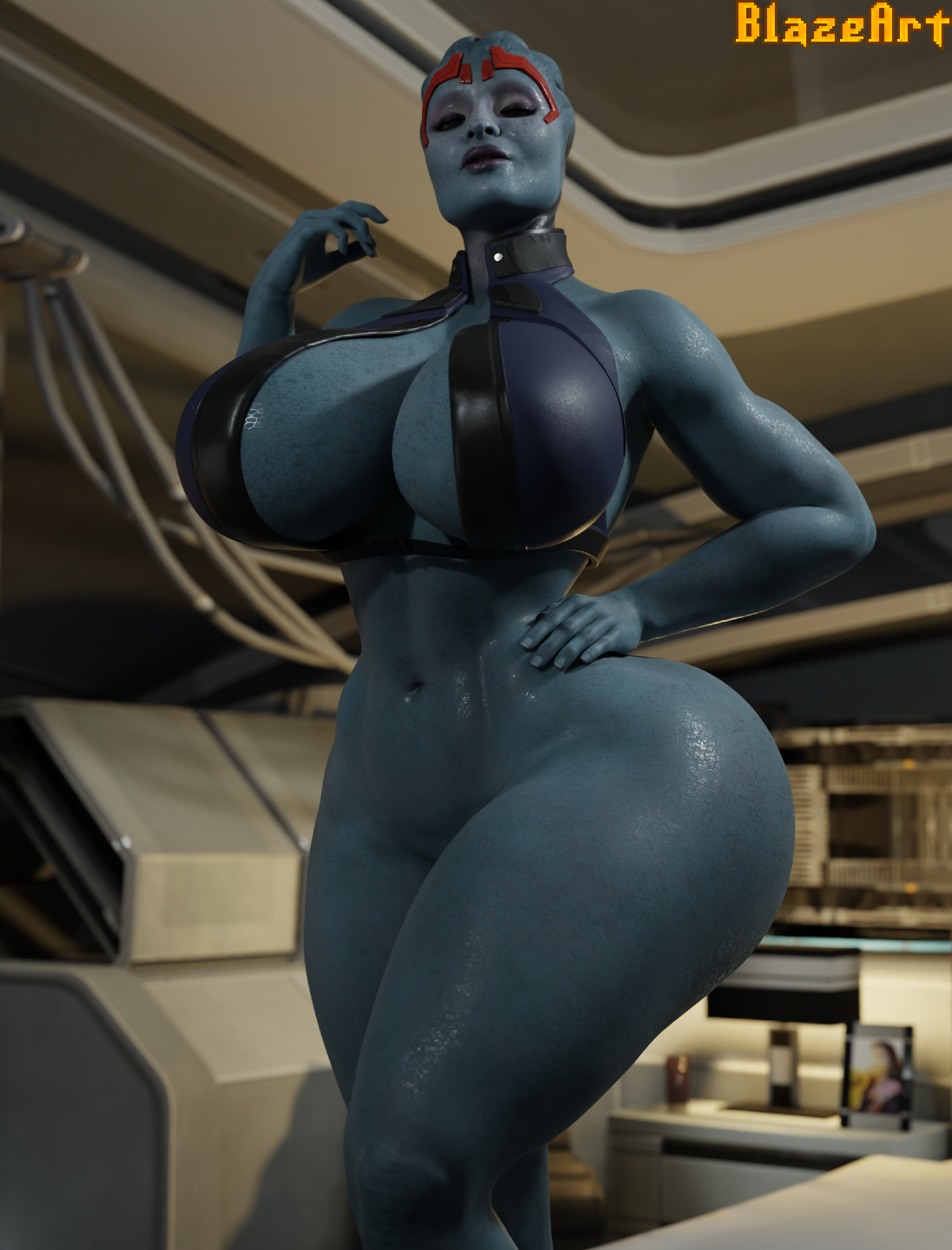 1girls, 3d, 3d (artwork), alien, alien girl, alternate version available, artist name, artist signature, asari, belly button, big breasts, bikini, bikini top, blazeart, blue body, blue skin, blue skinned female, bottomless, breasts, busty, curvaceous, curvy, curvy female, curvy figure, female, female only, giant breasts, hand on hip, huge breasts, looking at viewer, mass effect (series), mass effect 2, navel, samara, self upload, solo, voluptuous, voluptuous female, wide hips