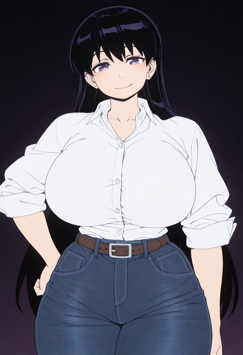 1girls, 1woman, ai, ai art, ai assisted, ai generated, ai-created, anime, arato nagi, big ass, big breasts, black hair, breasts, civitai, dark background, female, flat color, flat colors, hand on hip, huge breasts, jeans, looking at viewer, milf, ruri no houseki, tubbai, white shirt