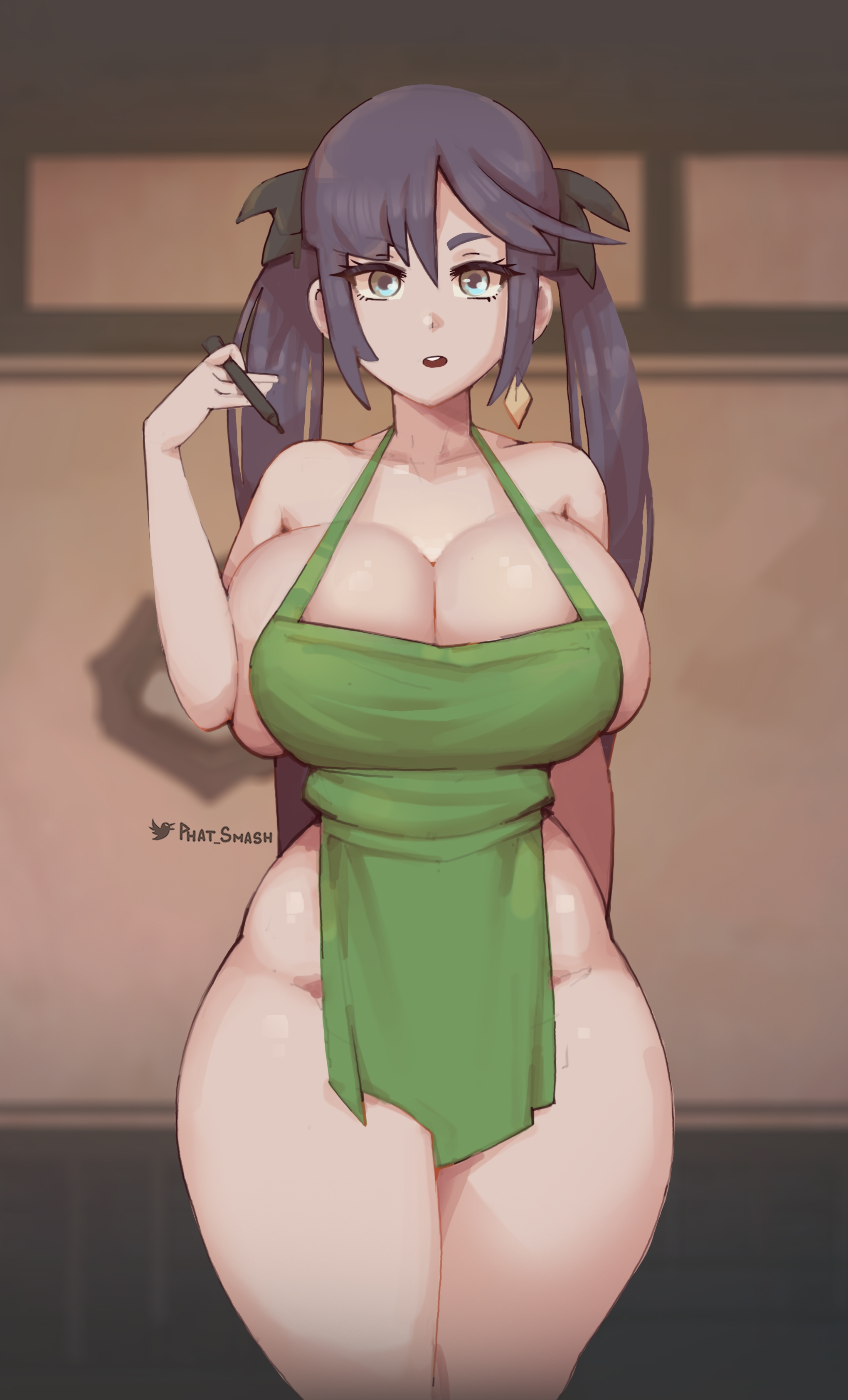 1girls, 2021, apron, apron only, artist signature, bare legs, barista, big breasts, black hair, blue eyes, breasts, cleavage, disinterested, emotionless, expressionless, female, female focus, female only, front view, genshin impact, green apron, hair ornament, hi res, hips, holding object, hourglass figure, huge breasts, iced latte with breast milk, indoors, long hair, looking at viewer, meme, mona (genshin impact), naked apron, open mouth, phat smash, simple background, slim waist, twintails, very high resolution, wide hips