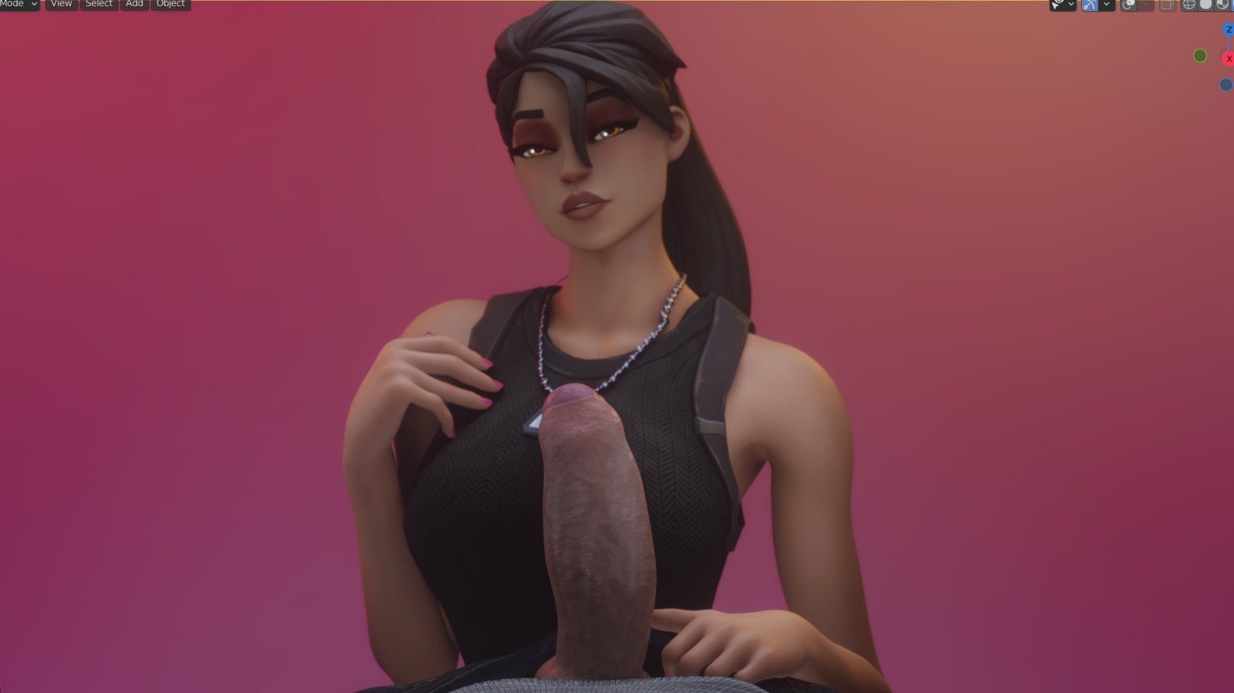 1boy, 1girls, 3d, big penis, black hair, black topwear, blush, blushing, brown eyes, clothed, clothed female, clothed male, eyebrows, eyelashes, eyeshadow, female, fortnite, fortnite: battle royale, fully clothed, fully clothed female, fully clothed male, interracial, jjjjd, light skin, light-skinned male, long hair, looking at viewer, male, mostly clothed, nail polish, pale skin, pale-skinned male, penis, pink background, pink nails, ponytail, ramirez (fortnite), ramirez (fortnite) (model), seductive look, teasing, topwear, touching penis