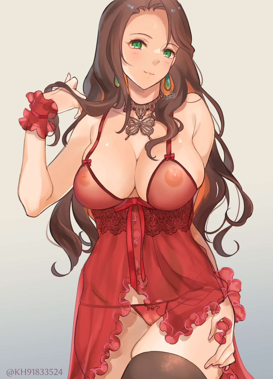 1girls, alternate version available, areolae, bare thighs, breasts, brown hair, cleavage, dorothea arnault, earrings, female, fire emblem, fire emblem: three houses, green eyes, kh (tanakananataka), large breasts, lingerie, long hair, looking at viewer, negligee, nightgown, nintendo, nipples, panties, red panties, see-through, skindentation, smile, solo, tanakananataka3, thighhighs, thighs, wavy hair