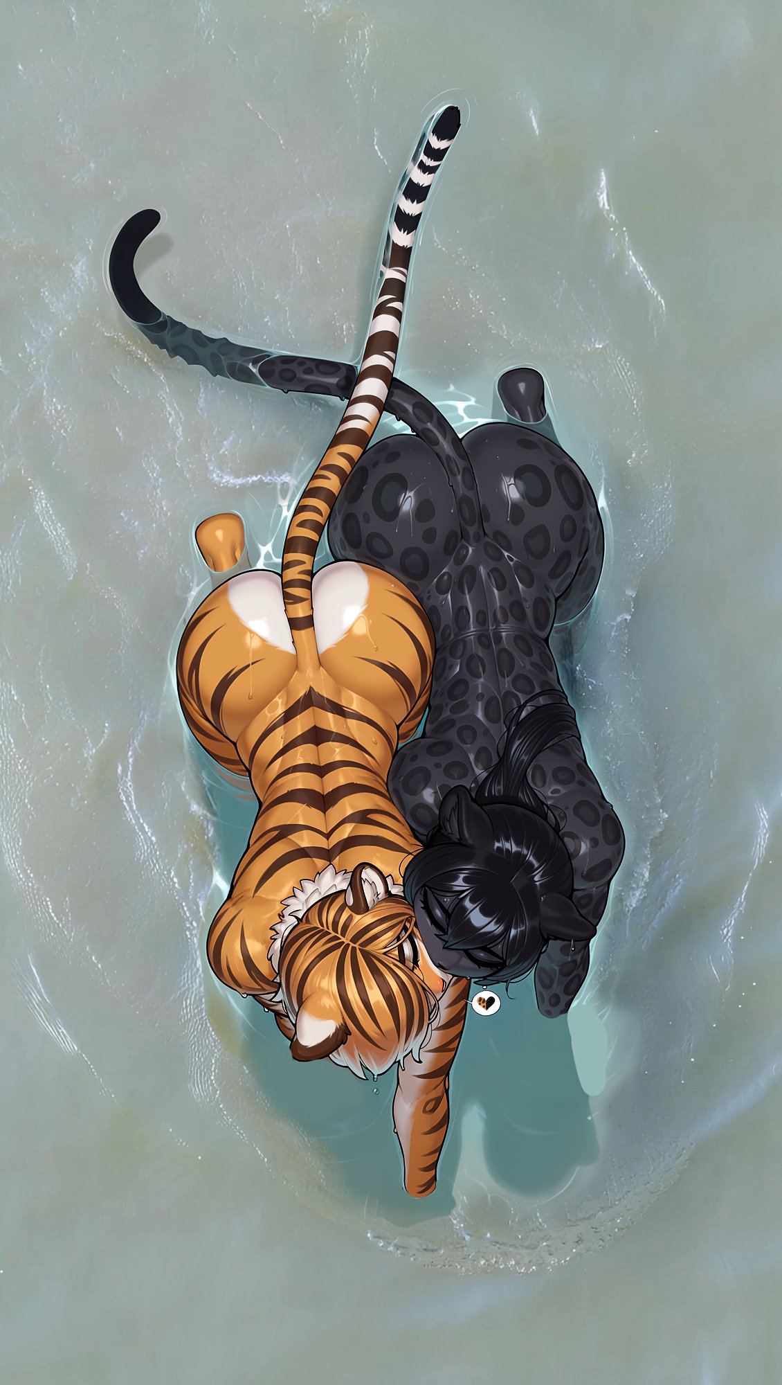 2girls, ass, big ass, black hair, black leopard, completely nude, completely nude female, female, from above, from above view, kissing, lesbian kiss, long hair, multicolored hair, multiple females, multiple girls, muscular, muscular back, nude, photo-referenced, short hair, tail, tiger, tiger ears, tiger girl, toned, toned female, water, wheel of fortune (artist), yuri