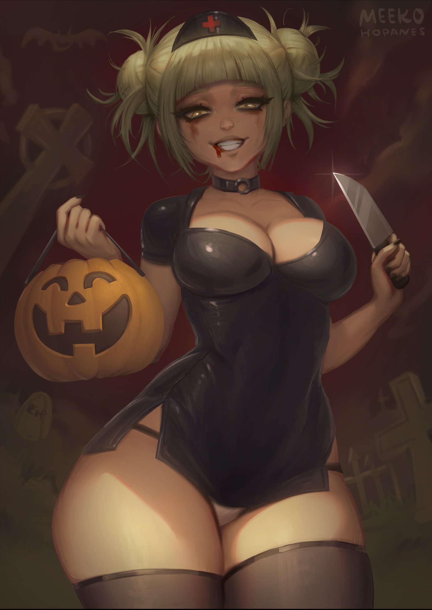 1girls, bangs, bat, big breasts, black nail polish, black nails, blonde hair, blonde-haired female, blood, blood from mouth, breasts, choker, cleavage, clothed, clothed female, curvy, double bun, eye contact, female, female only, graveyard, halloween, halloween basket, himiko toga, jack-o'-lantern, knife, large breasts, looking at viewer, meekohopanes, microdress, my hero academia, nail polish, narrow shoulders, nurse, nurse hat, out of frame, outdoors, panties, pantyshot, pumpkin, revealing clothes, shiny, shiny clothes, shiny hair, skimpy, smile, solo, solo focus, standing, teeth, thick thighs, thighhighs, thighs, thin arms, thin waist, thong, tombstone, wide hips, yellow eyes