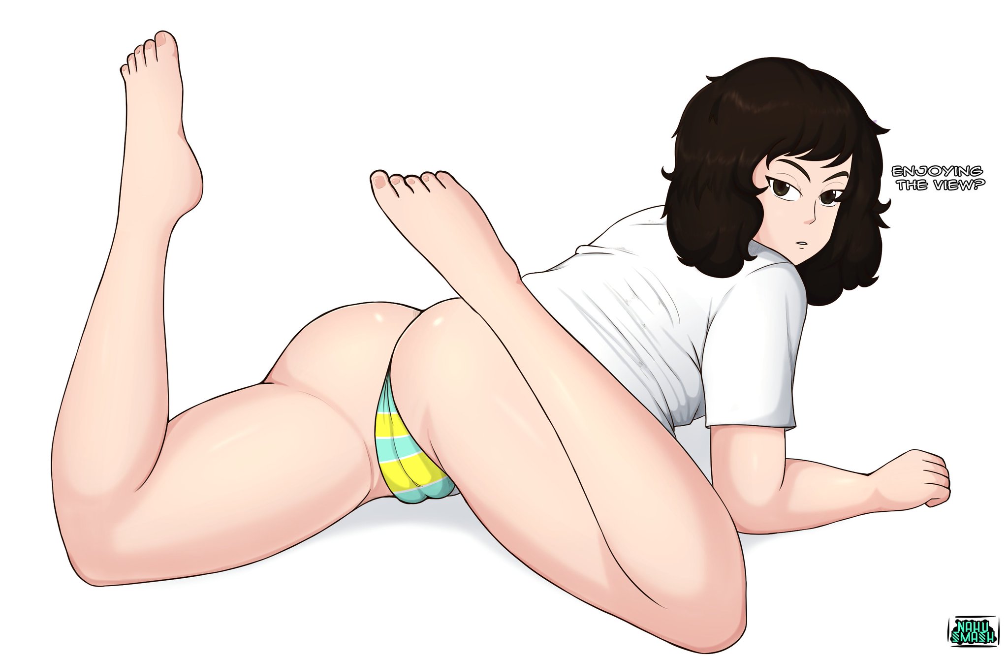 ass, atlus, big ass, big butt, bikini, bubble ass, bubble butt, clothing, cute, dialogue, fat ass, feet, female, laying down, laying on stomach, looking at viewer, looking back, nahusmash, persona, persona 5, pussy, sadayo kawakami, sega, swimsuit, swimwear, text, vagina