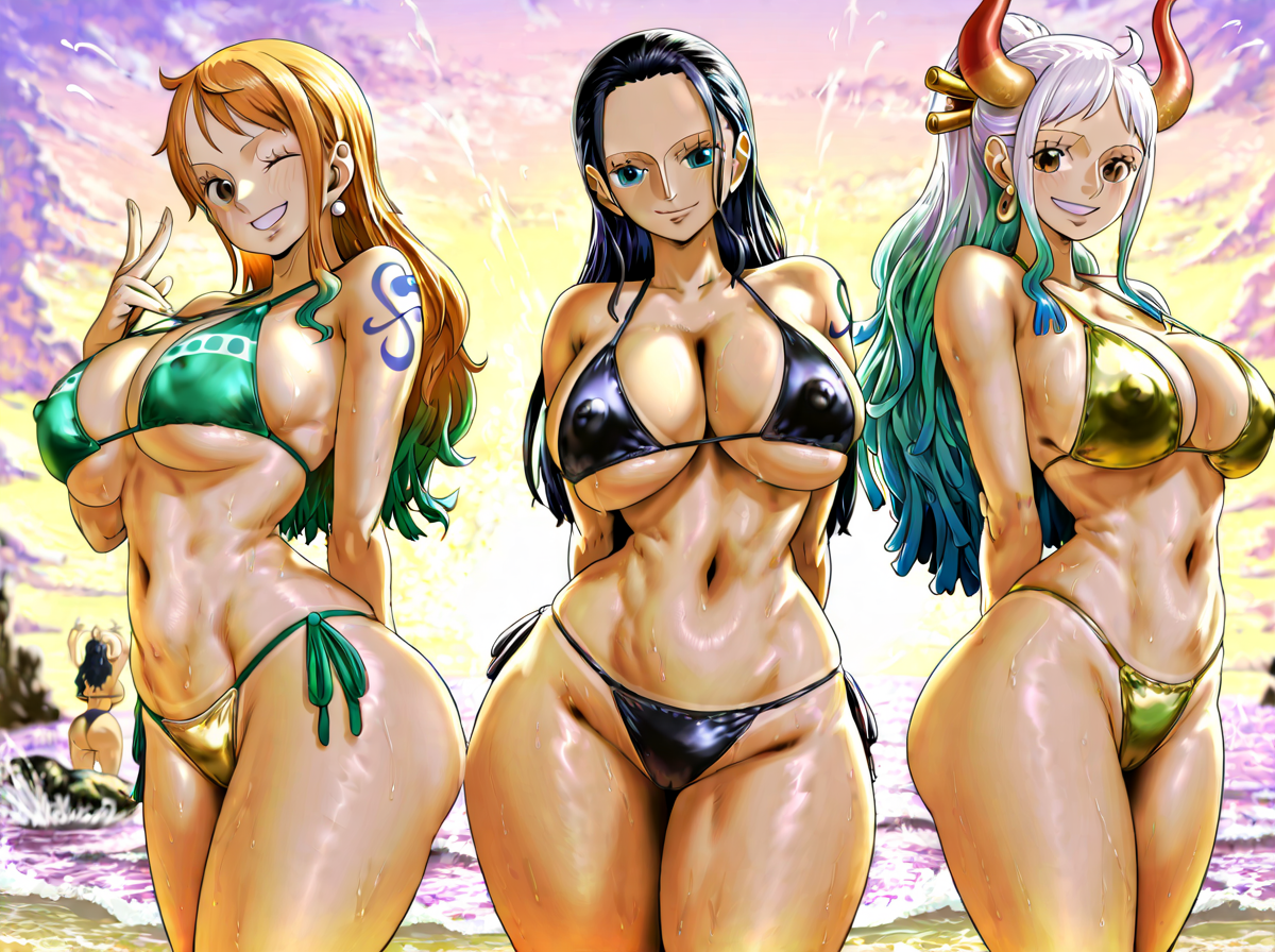 3girls, ai generated, arm tattoo, bikini, bikini bottom, bikini top, black hair, black-haired female, blue tattoo, breasts, female, female only, floresai, huge ass, huge breasts, looking at viewer, multiple females, multiple girls, nami (one piece), narrow waist, nico robin, one piece, orange hair, orange-haired female, patreon, patreon url, patreon username, tattoo, thick thighs, two-tone hair, voluptuous, white hair, white-haired female, wide hips, yamato (one piece)