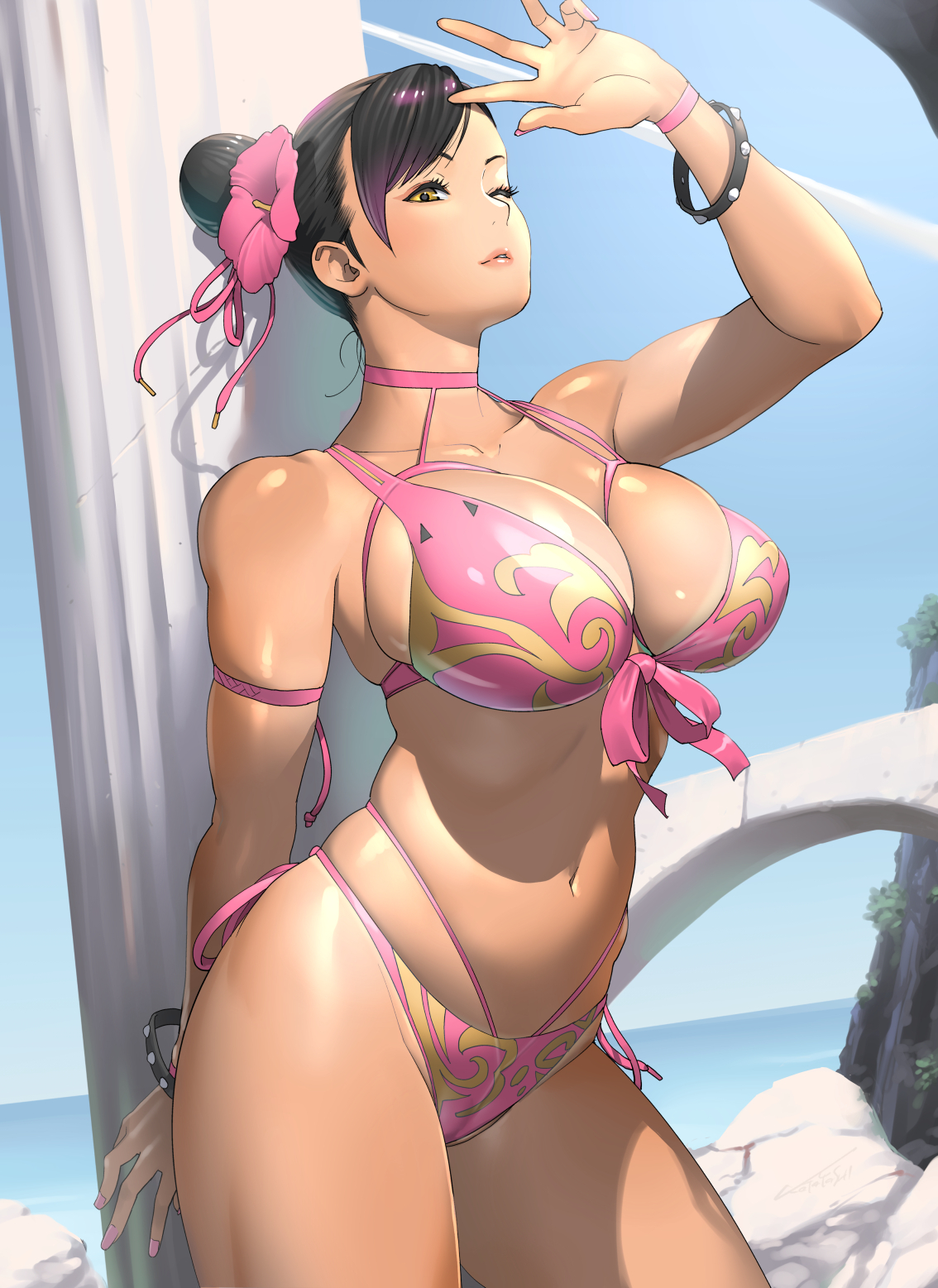 1girls, artist name, big breasts, bikini, black hair, blue nails, blue sky, bracelet, bracelets, breasts, busty, capcom, choker, chun-li, cleavage, clothed, clothed female, clothes, clothing, colored nails, curvaceous, curves, curvy, curvy female, curvy figure, dark hair, day, eyelashes, eyeshadow, female, female focus, female only, flower, flower in hair, fully clothed, hair, huge breasts, human, kotoyoshi yumisuke, large breasts, legs, light skin, light-skinned female, makeup, nail polish, navel, one eye closed, outdoors, outside, painted nails, pink lips, revealing clothes, shadow, shadows, side-tie bikini, signature, simple background, sky, solo, spiked bracelet, standing, street fighter, swimsuit, tan, tan skin, tanline, thick, thick thighs, thighs, thin waist, uncensored, voluptuous, wink, wristband, yellow eyes