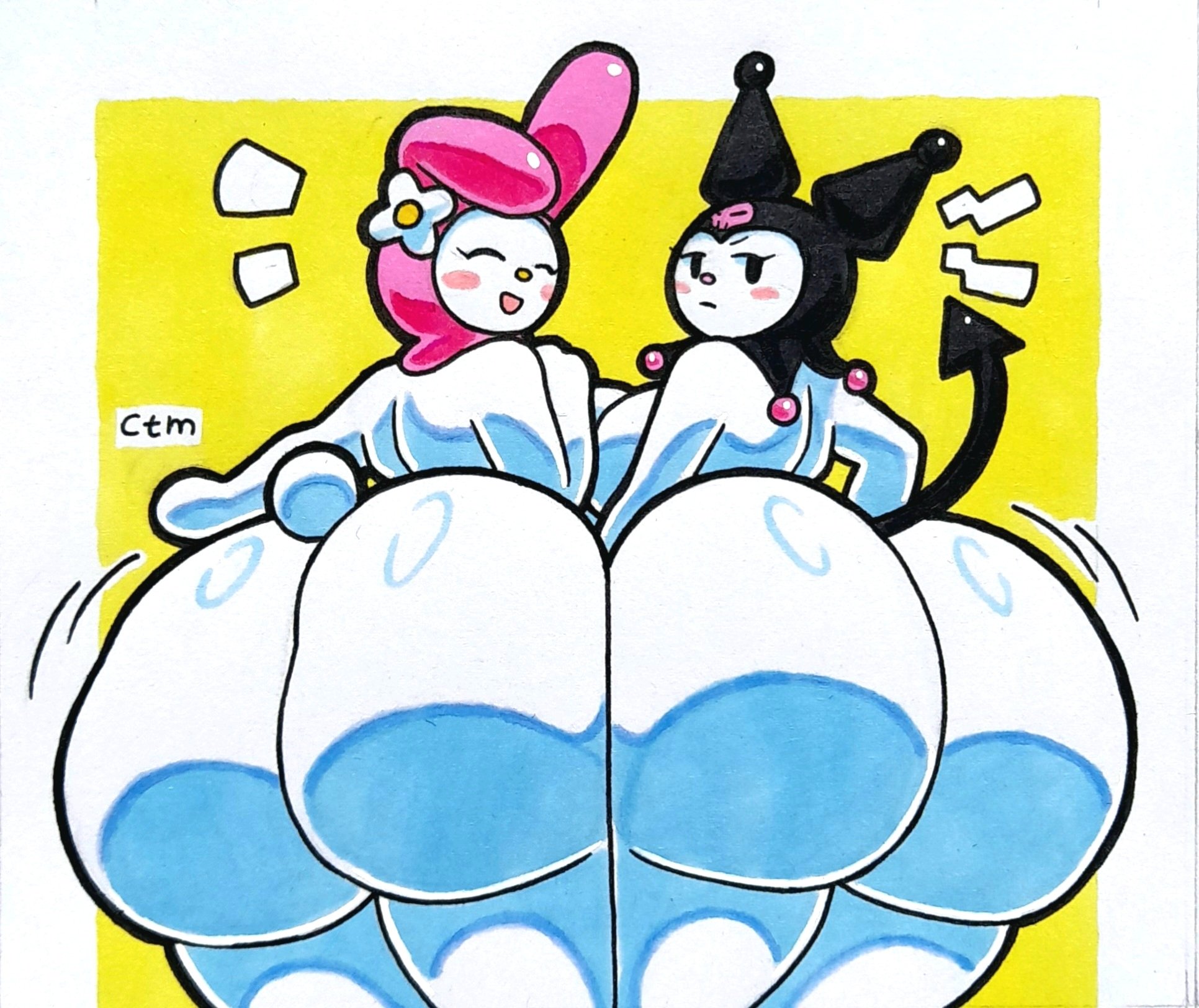 2girls, big ass, closed eyes smile, female, huge ass, kuromi, mr.ctm, my melody, sanrio, tagme