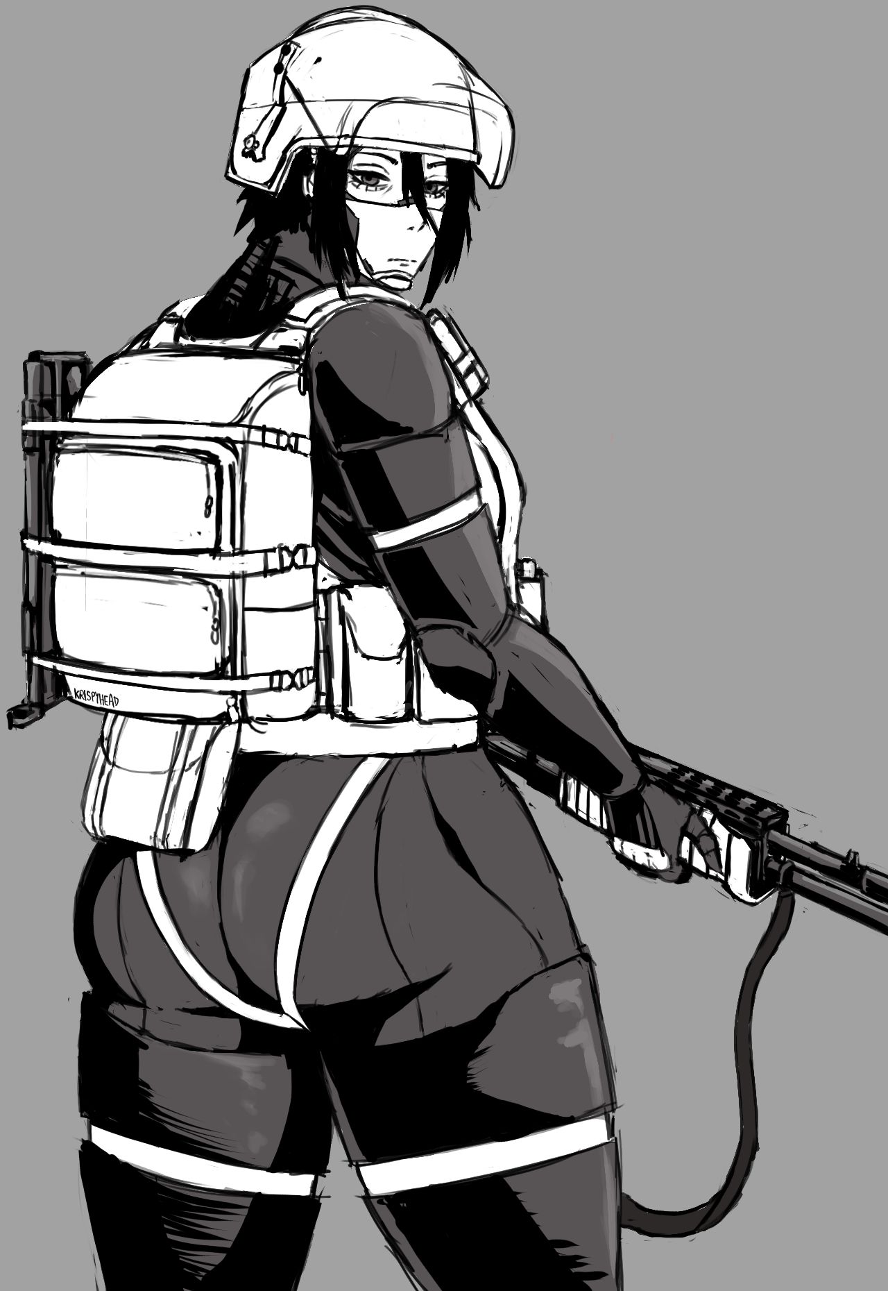 1girls, android, android girl, ass, ass focus, big ass, big butt, black hair, black-haired female, butt focus, clothed, clothed female, elster (signalis), female, gun, krispyhead, large ass, large butt, light skin, light-skinned female, looking back, robot, robot girl, robot humanoid, signalis, video game character, weapon