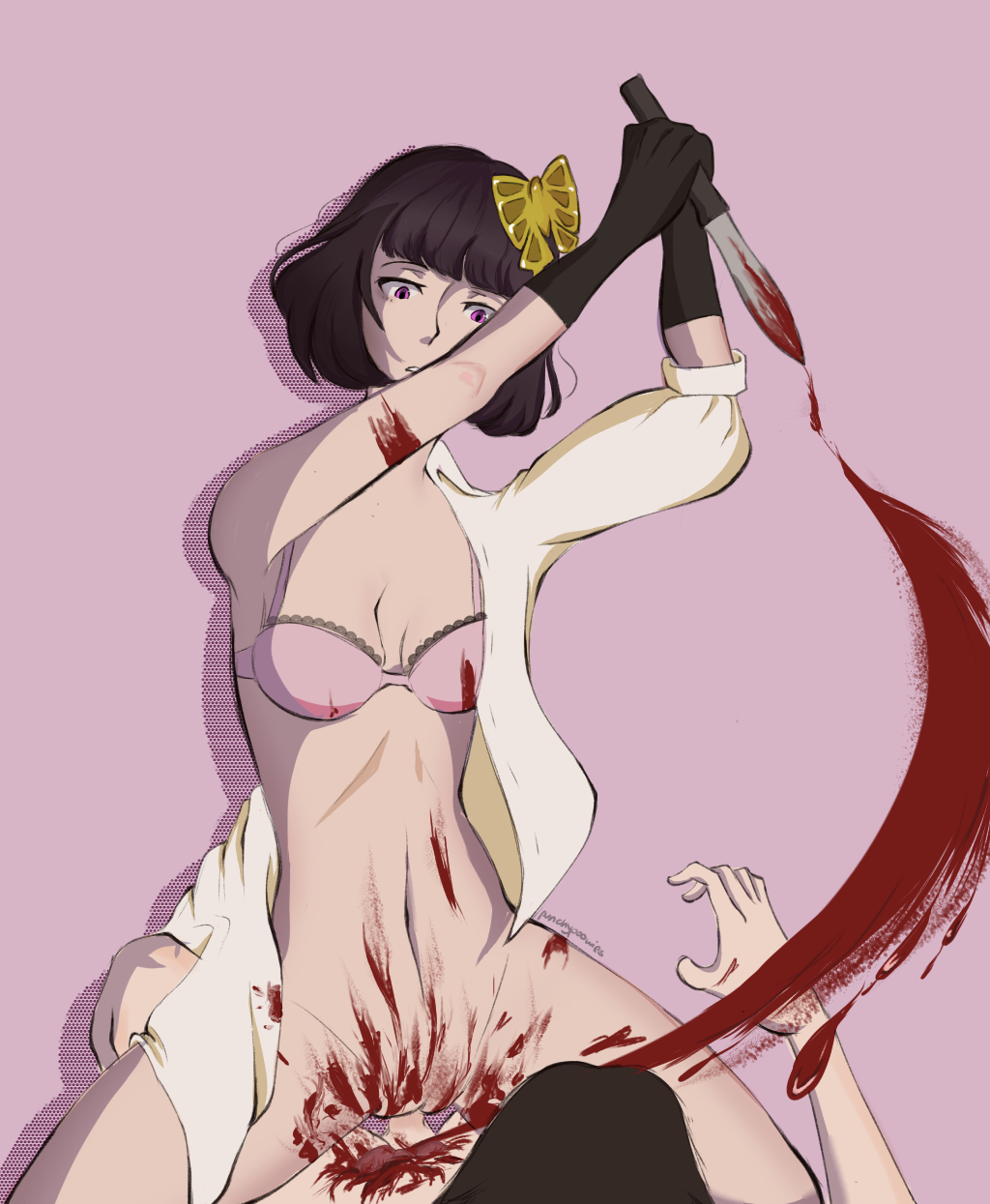 1boy akiko_yosano black_hair bleeding blood blood_splatter bungo_stray_dogs deadly_sex death female femdom gloves gore guro intestines killing_during_sex male_death malesub murder partially_clothed punchypoowies riding stabbed stabbing unbuttoned_shirt uncensored underwear