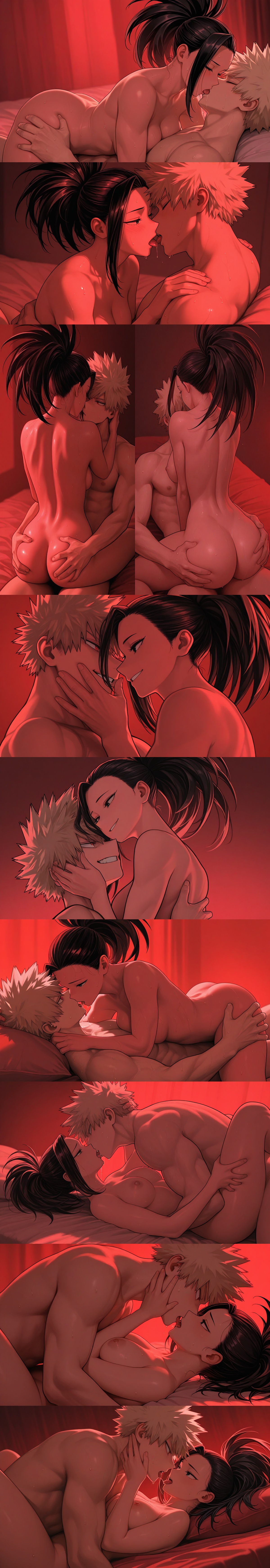 1boy1girl, abs, ai generated, areolae, ass, ass cleavage, ass crack, ass grab, black eyes, black hair, black-haired female, blonde hair, blonde-haired male, breasts, closed eyes, completely nude, couple, cowgirl position, cuddling, curvy, curvy body, curvy female, curvy figure, female, female on top, french kiss, hand on ass, hands on face, katsuki bakugou, kissing, kissing while penetrated, long hair, looking at partner, making out, male, male on top, male/female, missionary, missionary position, momo yaoyorozu, multiple images, multiple panels, multiple poses, muscular, muscular male, my hero academia, naked female, naked male, nipples, on bed, petting, ponytail, red eyes, red light, saliva, saliva string, saliva trail, sex, sitting, sitting on lap, sitting on person, smiling at partner, smirking, smirking at partner, spiky hair, straight sex, tongue, tongue kiss, tongue out, touching face