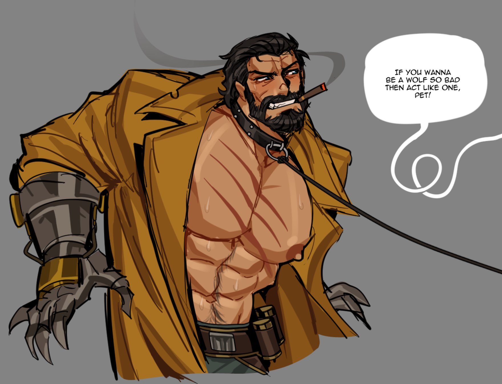 1boy, bara, bara tiddies, bara tits, beard, black hair, breasts, cigar, cigar in mouth, coat open, facial hair, fully clothed, gay, gay male, leash and collar, leash pull, male, male only, mobile legends, no visible genitalia, out of frame, out of frame male, petplay, plain background, revealyoursins, roger (mobile legends), scars, scars on chest, solo, solo male, speech bubble, sweat, sweating, tan skin, tan skinned male, yaoi