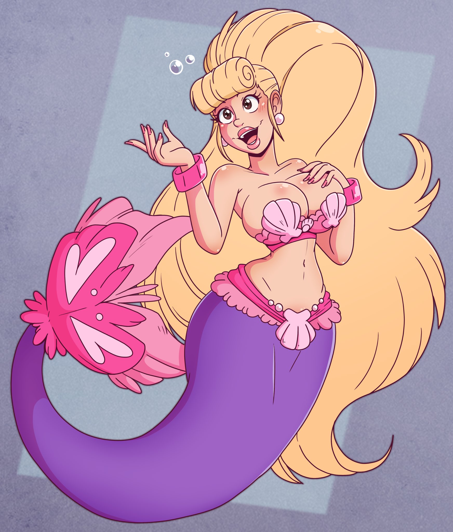 barbie (franchise), barbie (series), bare shoulders, bikini top, bimbo, bimbofication, blonde hair, bracelet, breasts, brown eyes, cassie lang, cleavage, collarbone, crossover, curvy, earrings, female, female only, hourglass figure, huge breasts, jpeg, large breasts, large lips, long nails, marvel, marvel comics, merfolk, mermaid, mermaid tail, nail polish, navel, open mouth, purple tail, simple background, singing, smile, source request, tail, very long hair, wrenzephyr2