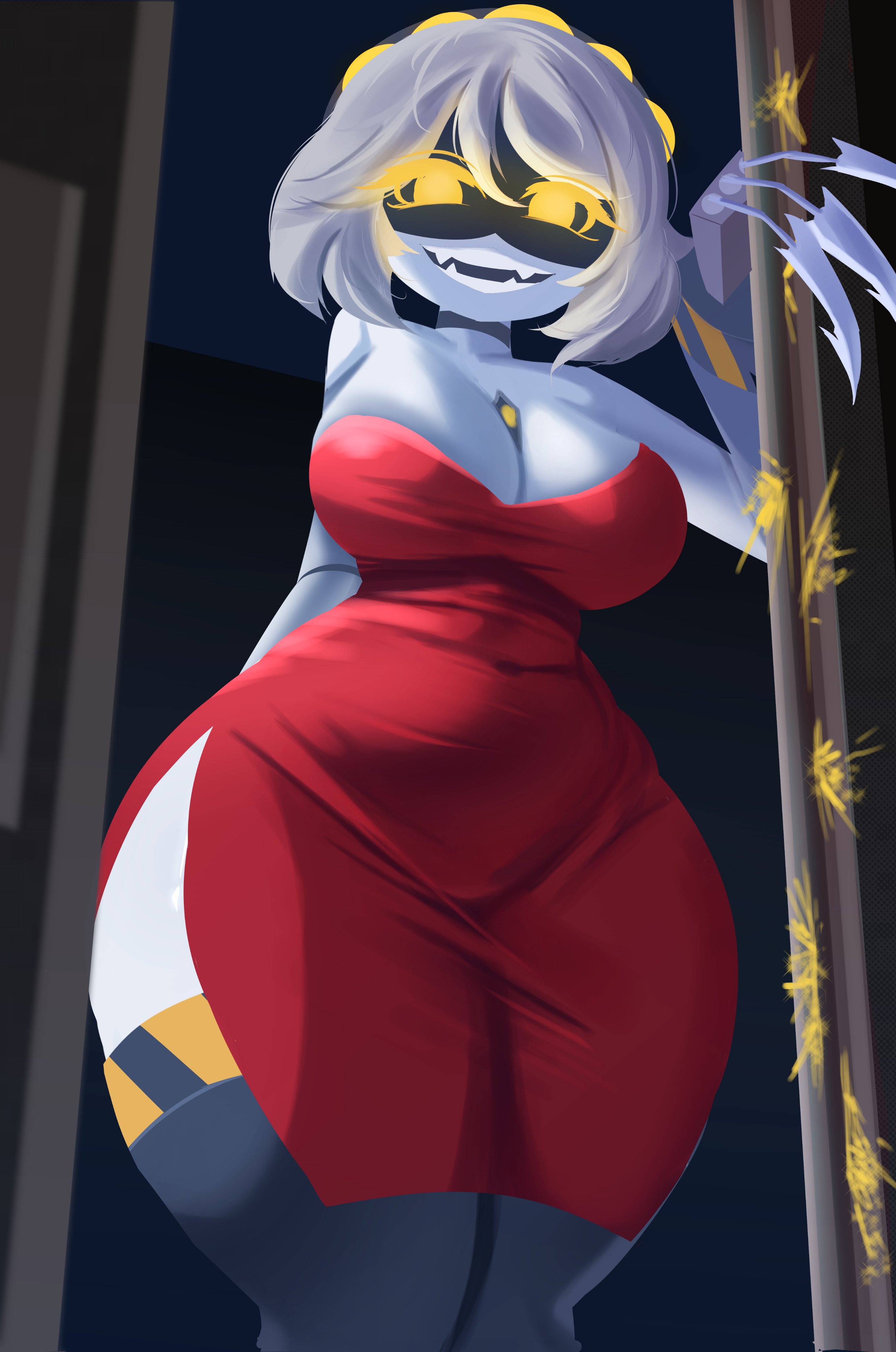 1girls, alaki zezo, ass, big ass, big breasts, big thighs, blush, breasts, claws, dress, drone, fangs, female, female only, gigantic ass, gigantic thighs, glitch productions, huge ass, huge thighs, kemonomimi, murder drones, panties, red dress, robot, robot girl, sega, short hair, silver hair, solo, sonic (series), tagme, thick hips, thick thighs, thighs, v (murder drones), white body, white hair, yellow eyes