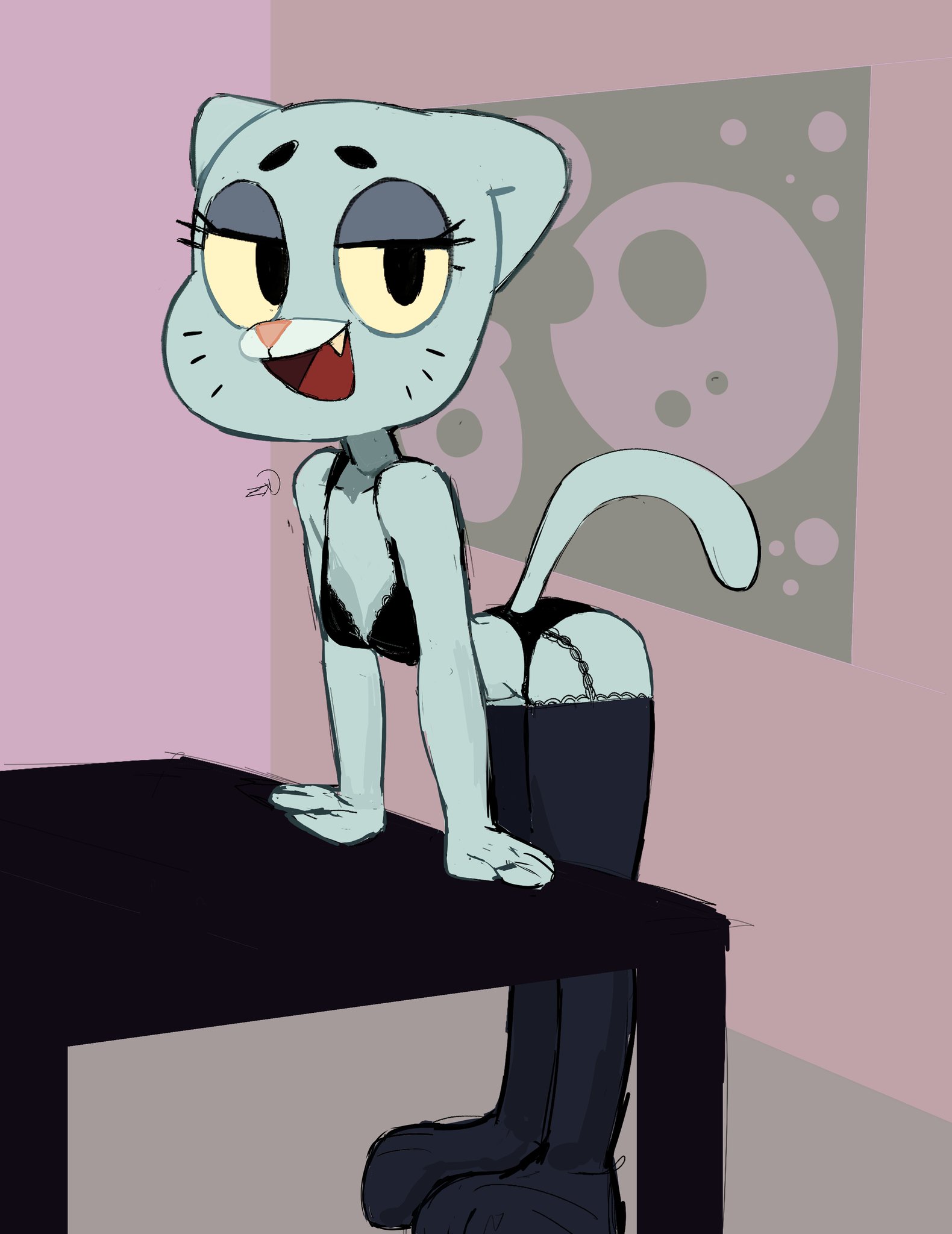 anthro, anthro cat, artist request, black bra, black panties, blue fur, bra, breasts, cat ears, cat girl, cat tail, catgirl, female, fur, furry, furry female, furry only, humanoid, long boots, looking at viewer, nicole watterson, panties, pov, the amazing world of gumball, thigh boots, underwear, undies, zargot, zargotxd