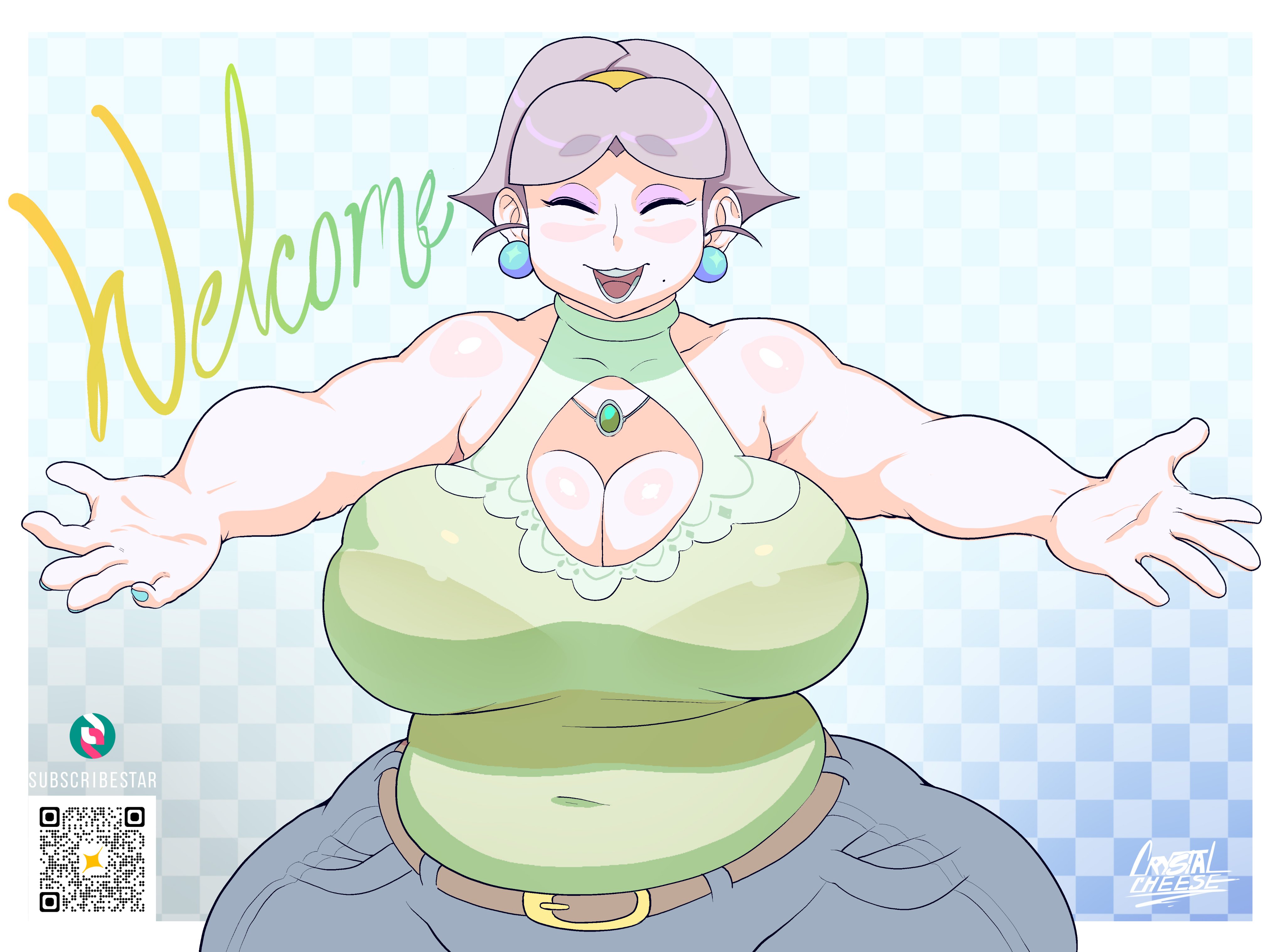 1girls, bare shoulders, breasts, chubby, cleavage, cleavage cutout, closed eyes, crystalcheese, earrings, eyeshadow, female, female only, gilf, hourglass figure, huge breasts, light skin, light-skinned female, mature, mature female, milf, mole, mole under mouth, momoko (crystalcheese), open smile, original, original character, overweight, pink eyeshadow, purple hair, qr code, short hair, solo, subscribestar, thick thighs, wide hips