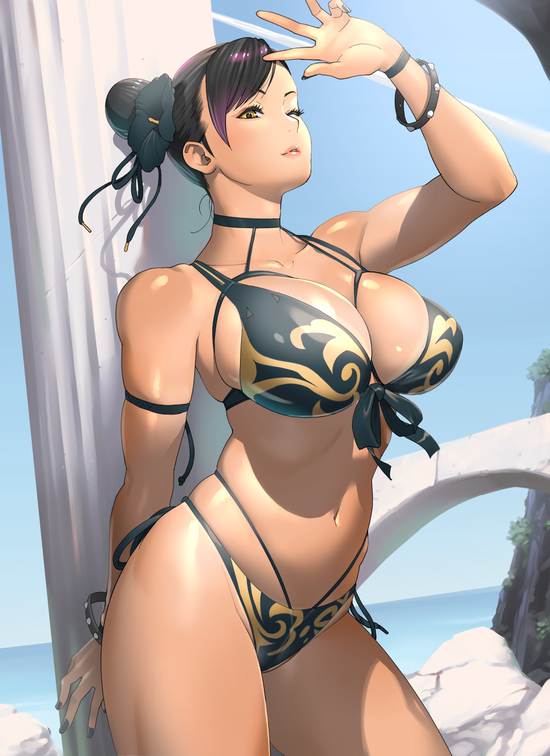 1girls, artist name, big breasts, bikini, black hair, blue nails, blue sky, bracelet, bracelets, breasts, busty, capcom, choker, chun-li, cleavage, clothed, clothed female, clothes, clothing, colored nails, curvaceous, curves, curvy, curvy female, curvy figure, dark hair, day, eyelashes, eyeshadow, female, female focus, female only, flower, flower in hair, fully clothed, hair, huge breasts, human, kotoyoshi yumisuke, large breasts, legs, light skin, light-skinned female, makeup, nail polish, navel, one eye closed, outdoors, outside, painted nails, pink lips, revealing clothes, shadow, shadows, side-tie bikini, signature, simple background, sky, solo, spiked bracelet, standing, street fighter, swimsuit, tan, tan skin, tanline, thick, thick thighs, thighs, thin waist, uncensored, voluptuous, wink, wristband, yellow eyes