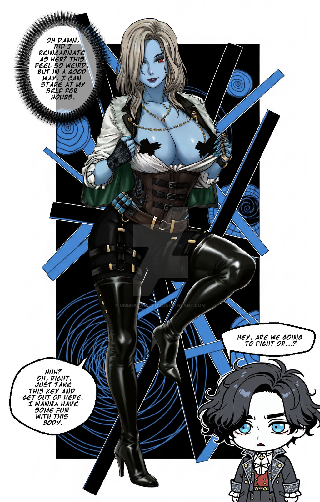 1boy, 1boy1girl, 1girls, big ass, big breasts, blue body, blue skin, blue-skinned female, breasts, carlo geppetto, curvaceous, curvy, curvy figure, digital media (artwork), female, hips, huge ass, huge breasts, large ass, large breasts, legs, lies of p, lies of p: overture, light skin, light-skinned female, light-skinned male, male, male/female, markiona, markiona puppeteer of death, mature, mature female, milf, neowiz games, older female, pinocchio (lies of p), red eyes, round8 studio, slim waist, straight, thick, thick hips, thick legs, thick thighs, thighs, umbra callistis, umbracallistis, voluptuous, waist, white hair, wide hips, younger male