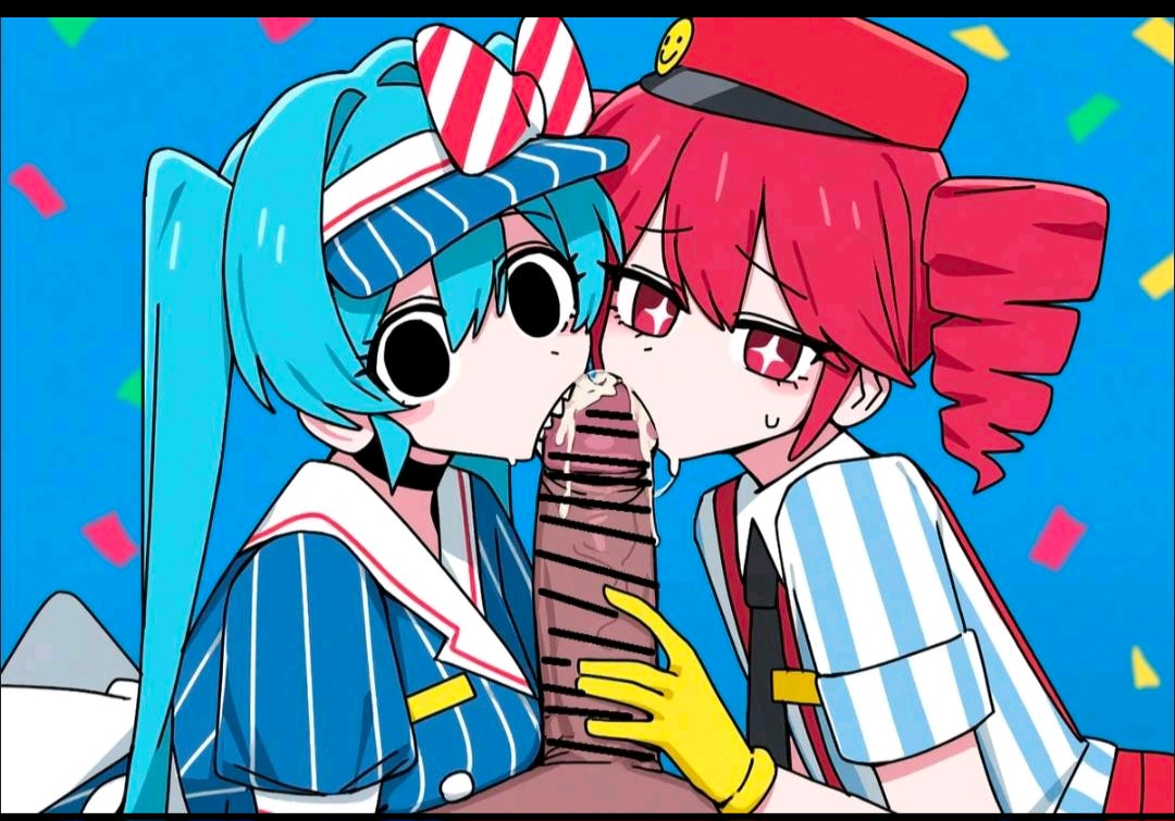 + +, 1boy, 2d, 2girls, ai, ai art, ai generated, aqua hair, bad censor, bangs, bar censor, black eyes, blowjob, blue background, blue hair, blue shirt, cap, censored, confetti, cooperative fellatio, cum, cum in mouth, dark skin, double fellatio, drill hair, fellatio, female, ffm threesome, gloves, group sex, handwear, hat, hatsune miku, hetero, interracial, kasane teto, licking, licking penis, light skin, light-skinned female, long hair, looking at viewer, mesmerizer (vocaloid), mesmerizer miku, mesmerizer teto, multiple girls, necklace, necktie, noa ai, offscreen character, oral, penis, penis grab, pigtails, pixiv, pixiv id, red eyes, red hair, red hat, red headwear, red iris, shark teeth, sharp teeth, shirt, short sleeves, star pupils, star shaped pupils, star-shaped pupils, striped, sweat, teal hair, threesome, tie, tongue, tongue out, twin drills, twintails, vertical stripes, visor cap, white sclera, yellow gloves