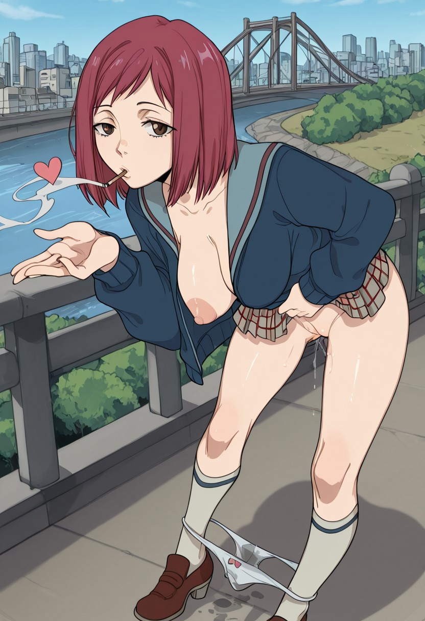 1girls, ai generated, blowing kiss, breasts, civitai, exibitionism, female, female focus, female only, flcl, hylian r34, mamimi samejima, one breast out, outdoors, panties, panties around legs, panties down, public nudity, pussy, pussy juice, pussy juice leaking, smoking, smoking cigarette, tagme