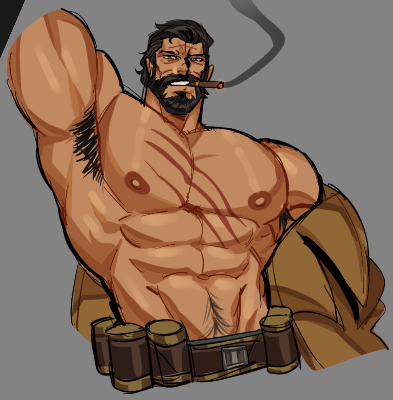 1boy, abs, armpit hair, blue eyes, cigar, cigar in mouth, coat removed, male, male only, mobile legends, muscular, muscular male, no visible genitalia, one arm up, plain background, revealyoursins, roger (mobile legends), scar, scars, scars on chest, smoke, smoking cigar, solo, solo male, tan skin, tan skinned male