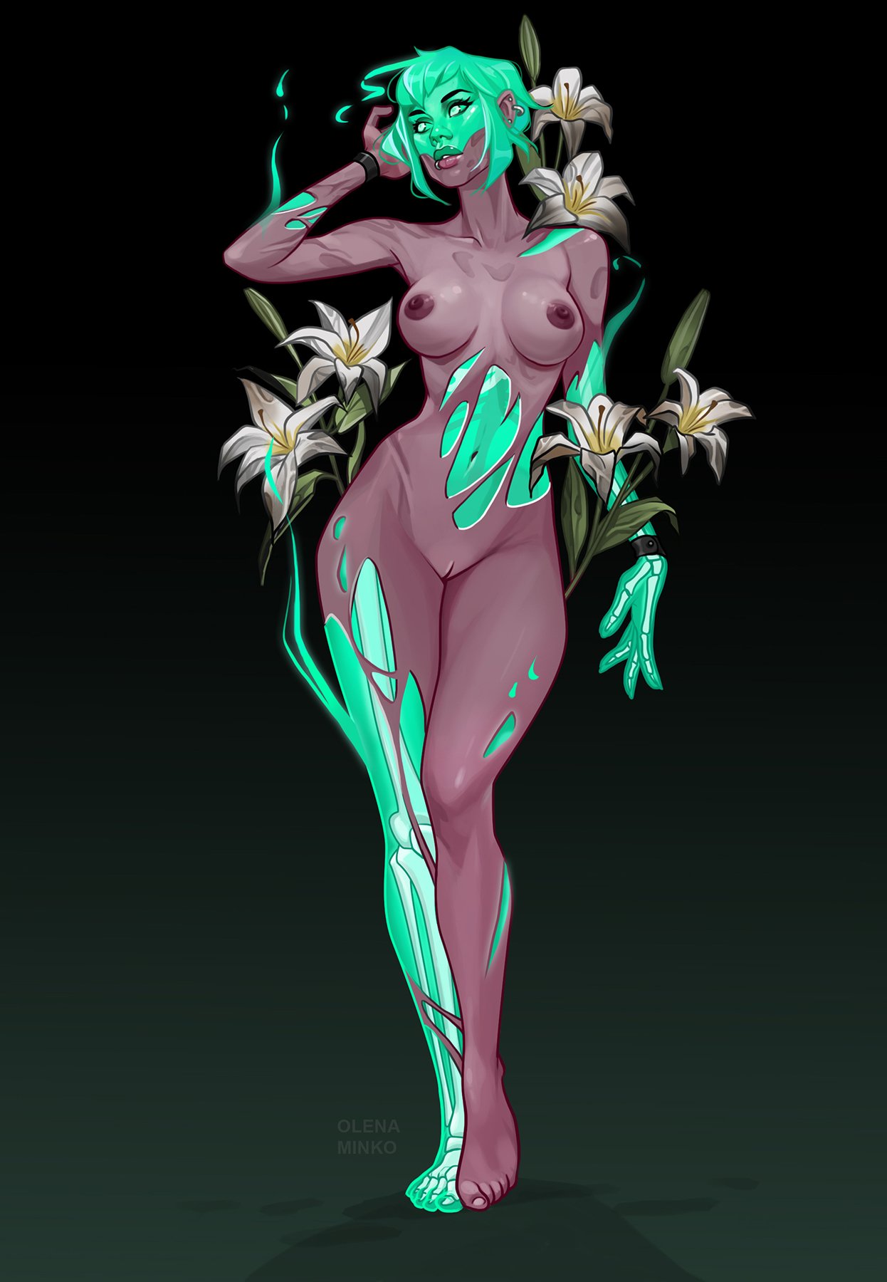 1girls, black background, bone, breasts, female, flower, full body, gradient background, lips, medium breasts, minko, monster girl, nude, short hair, skeleton, solo, standing, zombie, zombie girl