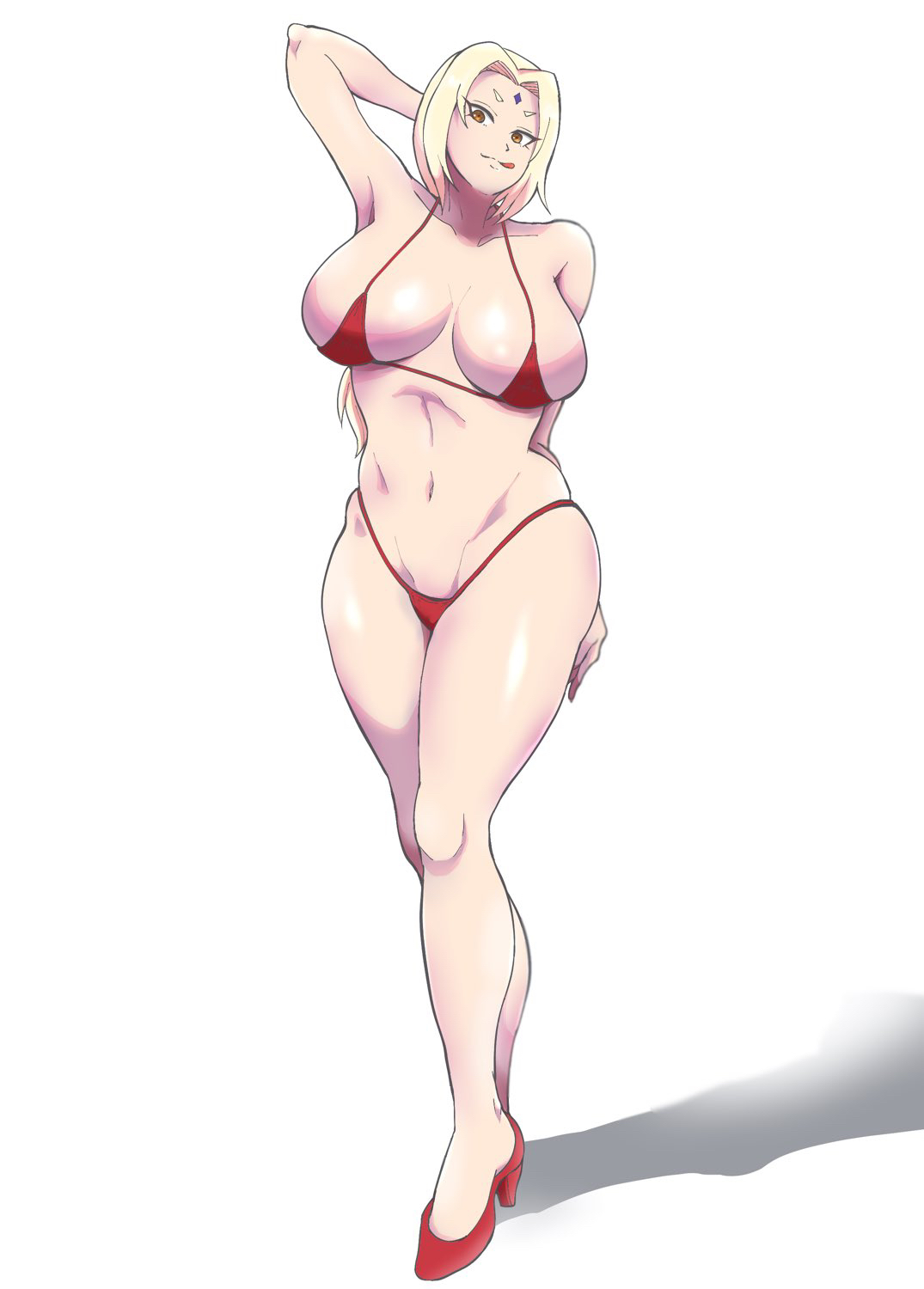 aonatsusu, arm behind head, big breasts, blonde hair, breasts, breasts bigger than head, brown eyes, curvaceous, curvy, curvy figure, female, female only, full body, heels, highleg, highleg bikini, hourglass figure, huge breasts, long hair, mature, mature female, micro bikini, naruto, naruto (series), naruto shippuden, pelvic curtain, red bikini, small bikini, solo, solo focus, standing, sticking out tongue, tied hair, tongue, tongue out, tsunade, twintails, walking, wide hips