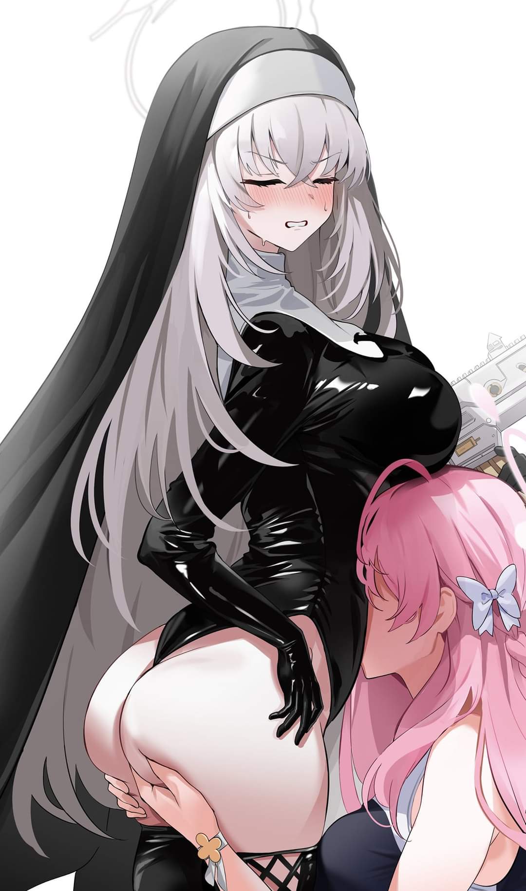 2girls, artist request, big ass, big breasts, blue archive, blush, breasts, face in belly, female, female only, halo, hanako (blue archive), hands on ass, latex clothing, nun, rifle, sakurako (blue archive), stockings, swimsuit, trinity general school student, weapon