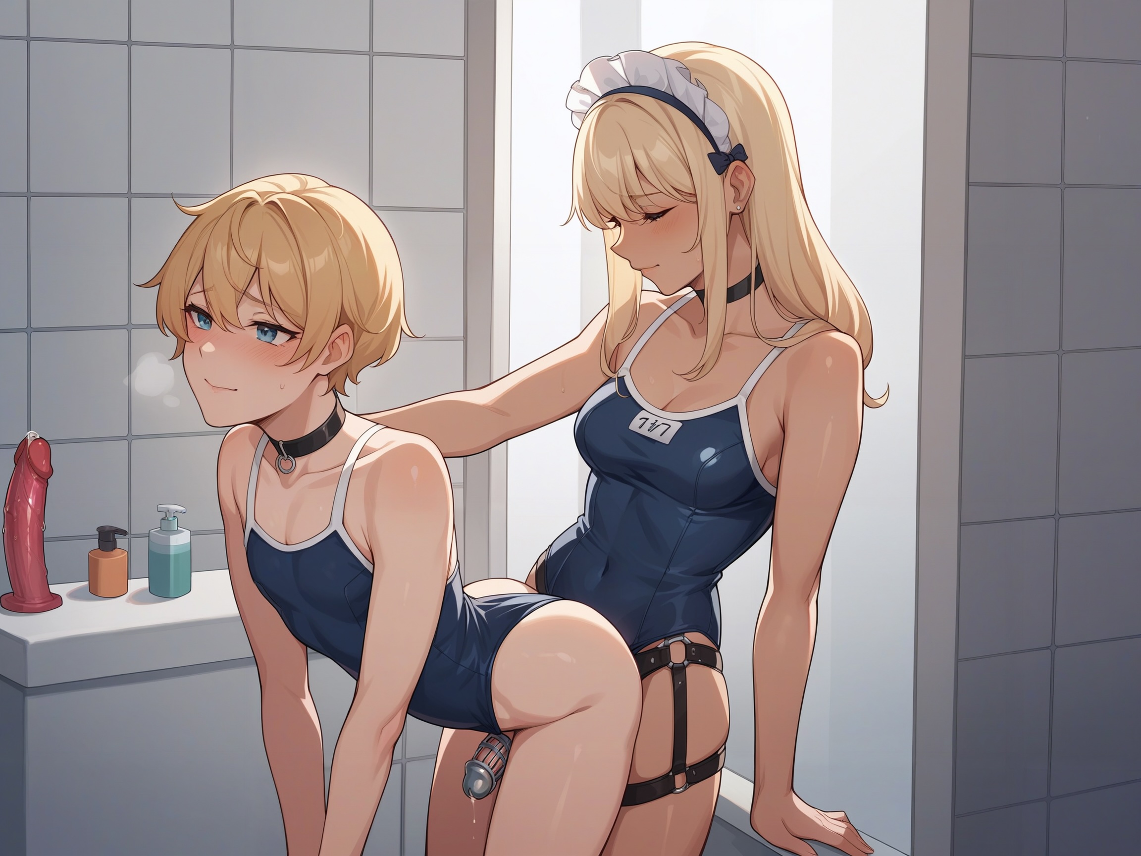 1boy, 1girls, ai generated, asukasslave, bathroom, chastity cage, cleavage, dildo, female, femdom, maid, male, pegging, precum, school swimsuit, strap-on, strapon, tan body