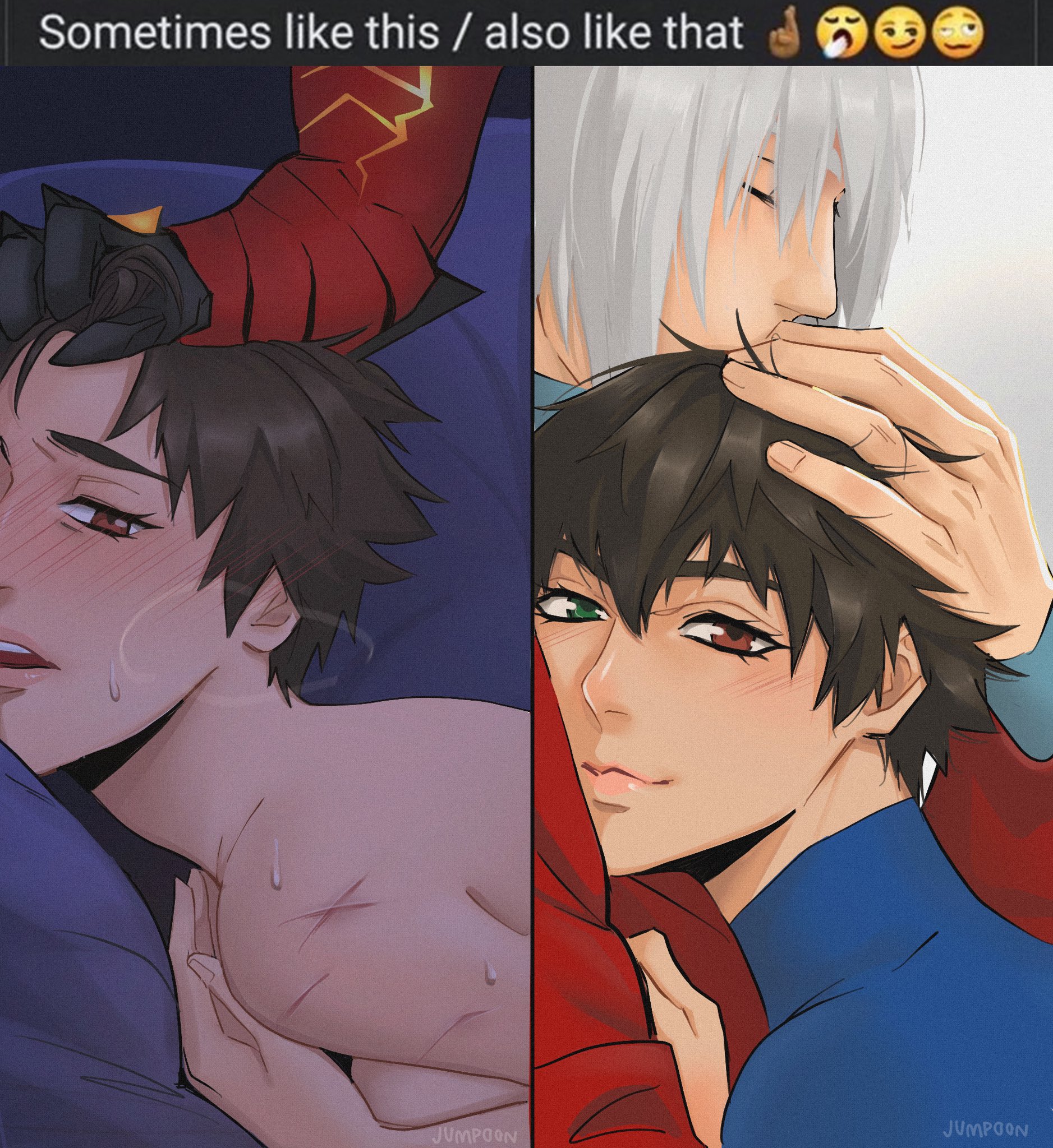1boy, 1girls, before and after, dante (devil may cry), dante (netflix), demon boy, devil may cry (netflix), devil may cry (series), doggy style, female, grabbing another's hair, heterochromia, holding hair, implied sex, jumpoon, lady (devil may cry:netflix), lady (devil may cry), male, meme, scar, sex, sometimes like this also like that, transformation