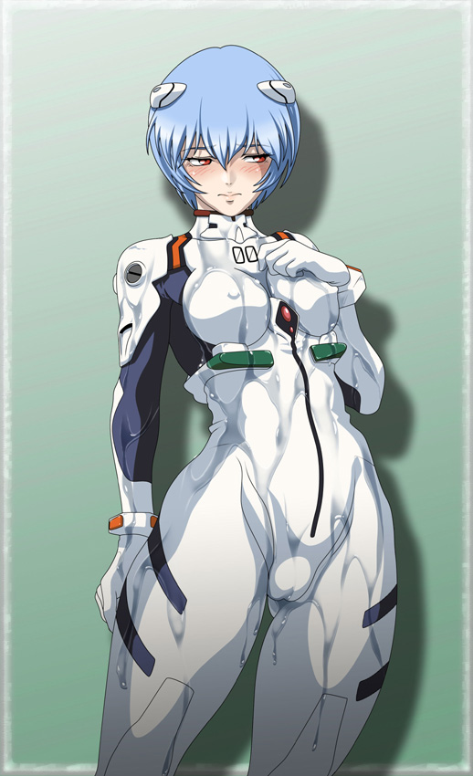 1girls, blue hair, blush, bodysuit, breasts, cameltoe, clothing, embarrassed, erect nipples, erect nipples under clothes, female, human, light skin, light-skinned female, medium breasts, neon genesis evangelion, nipples, oil, pale skin, pale-skinned female, pilot suit, plugsuit, pussy, rei ayanami, short hair, skin tight, sole female, solo, wet
